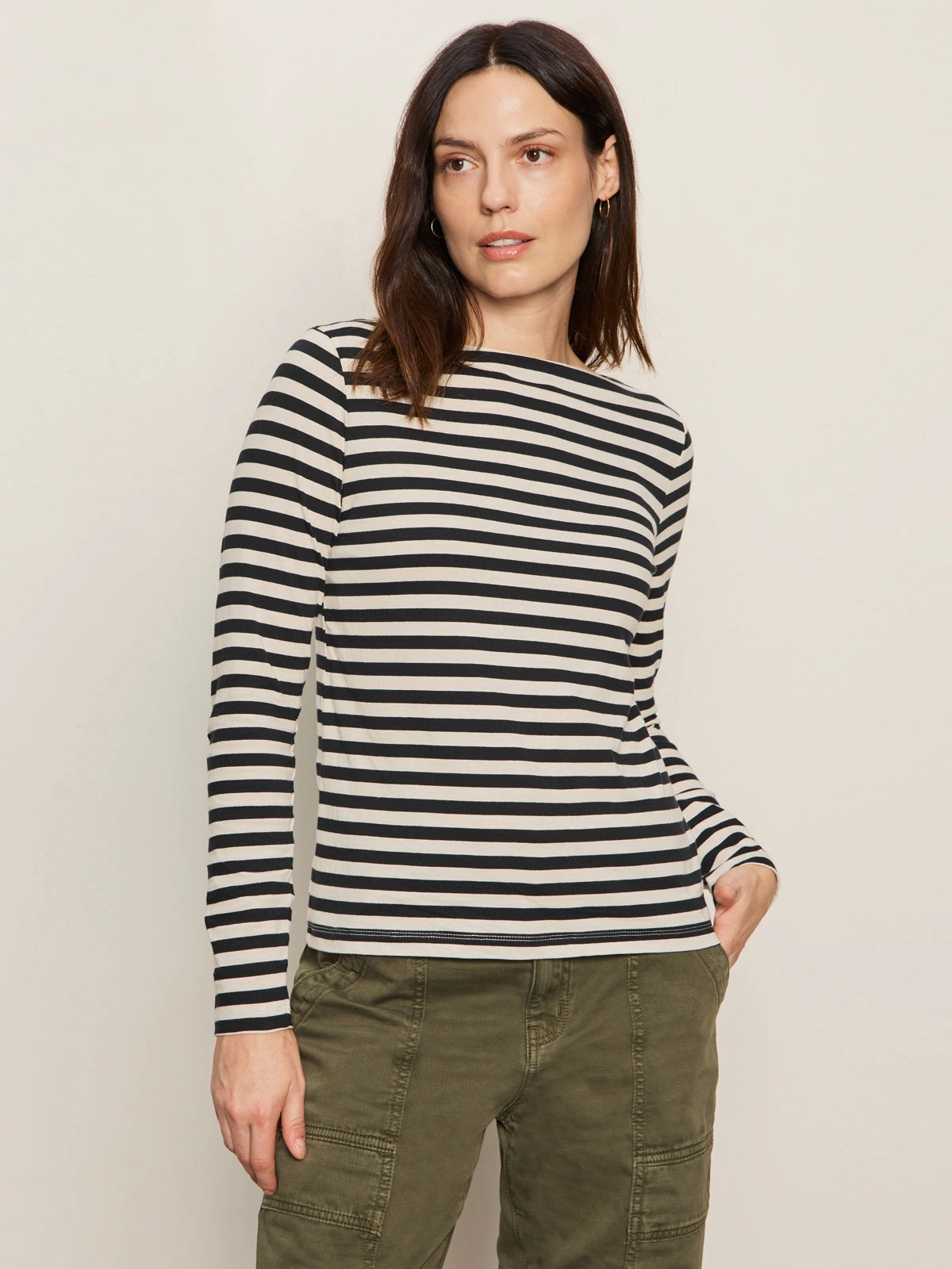 NonChlorine Bleached Cold Layer Boatneck Long Sleeve Tee Light Oat/Black Stripe