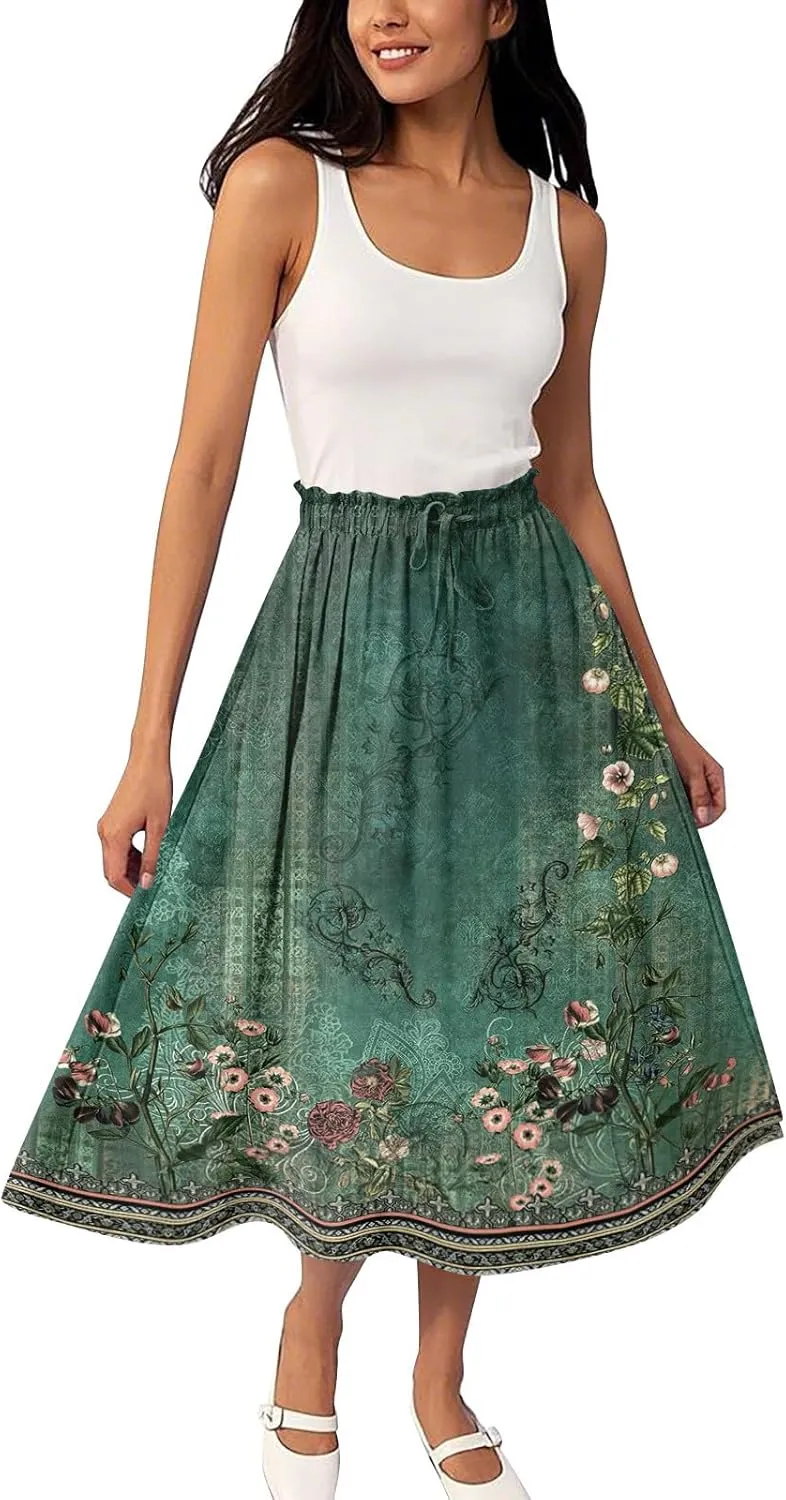 Bohemian Skirts for Women High Waist Flowy Maxi Skirt A-Line Long Skirt Summer