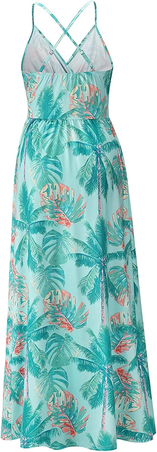 Boho Dresses for Women 2024 Floral Print V Neck Maxi Dress Spaghetti Strap Empire Waist Beach Dress Summer Dresses