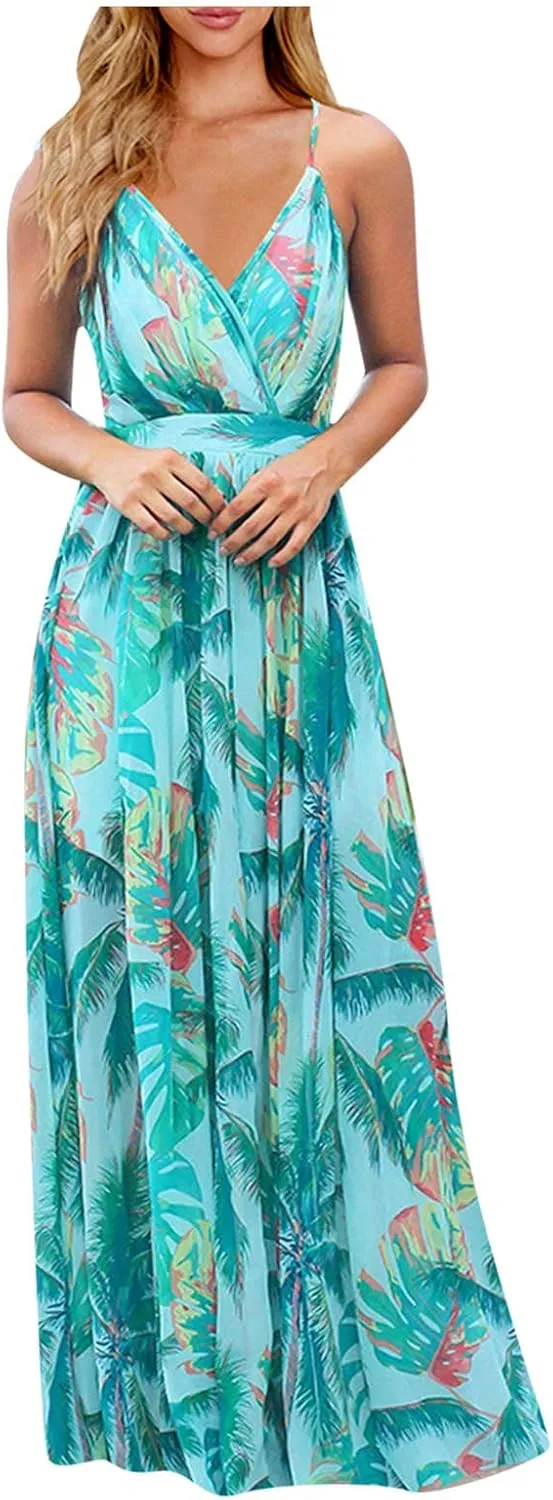 Boho Dresses for Women 2024 Floral Print V Neck Maxi Dress Spaghetti Strap Empire Waist Beach Dress Summer Dresses