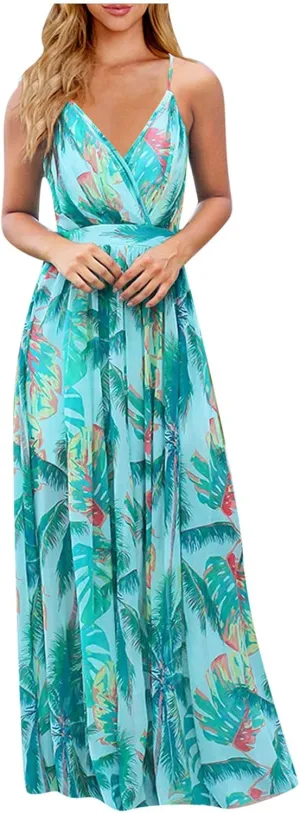 Boho Dresses for Women 2024 Floral Print V Neck Maxi Dress Spaghetti Strap Empire Waist Beach Dress Summer Dresses