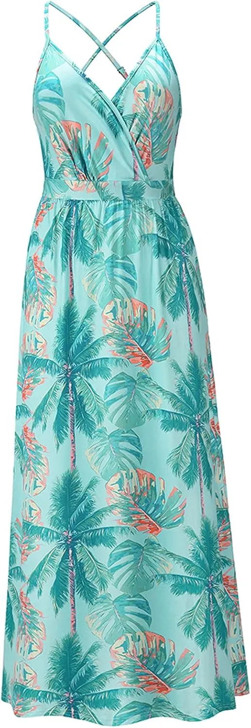 Boho Dresses for Women 2024 Floral Print V Neck Maxi Dress Spaghetti Strap Empire Waist Beach Dress Summer Dresses
