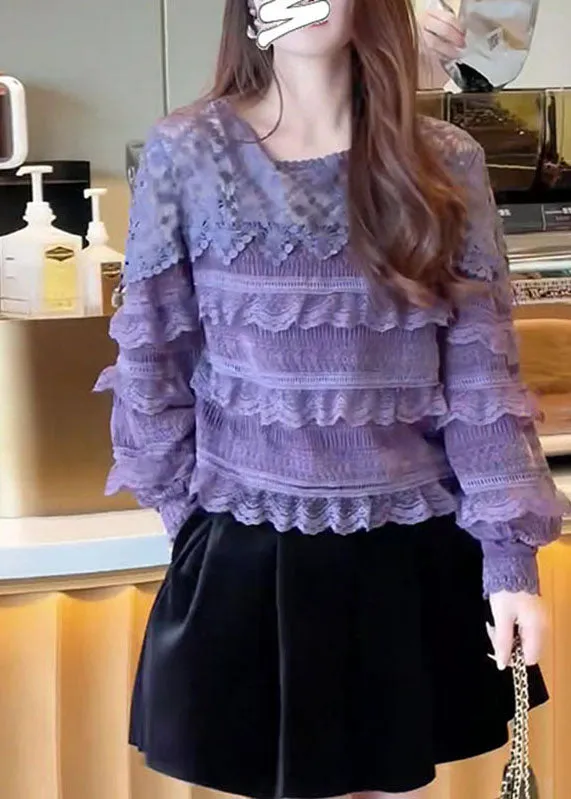 Boho Purple O-Neck Ruffled Patchwork Lace Tops Fall ML1977