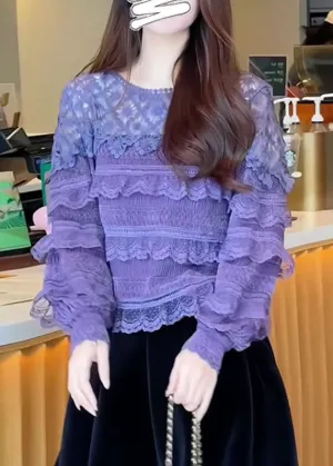 Boho Purple O-Neck Ruffled Patchwork Lace Tops Fall ML1977