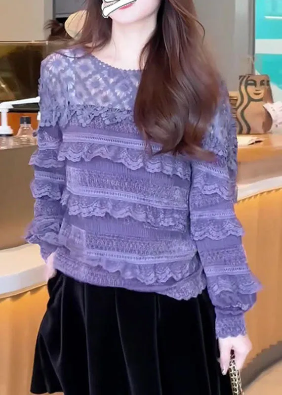 Boho Purple O-Neck Ruffled Patchwork Lace Tops Fall ML1977