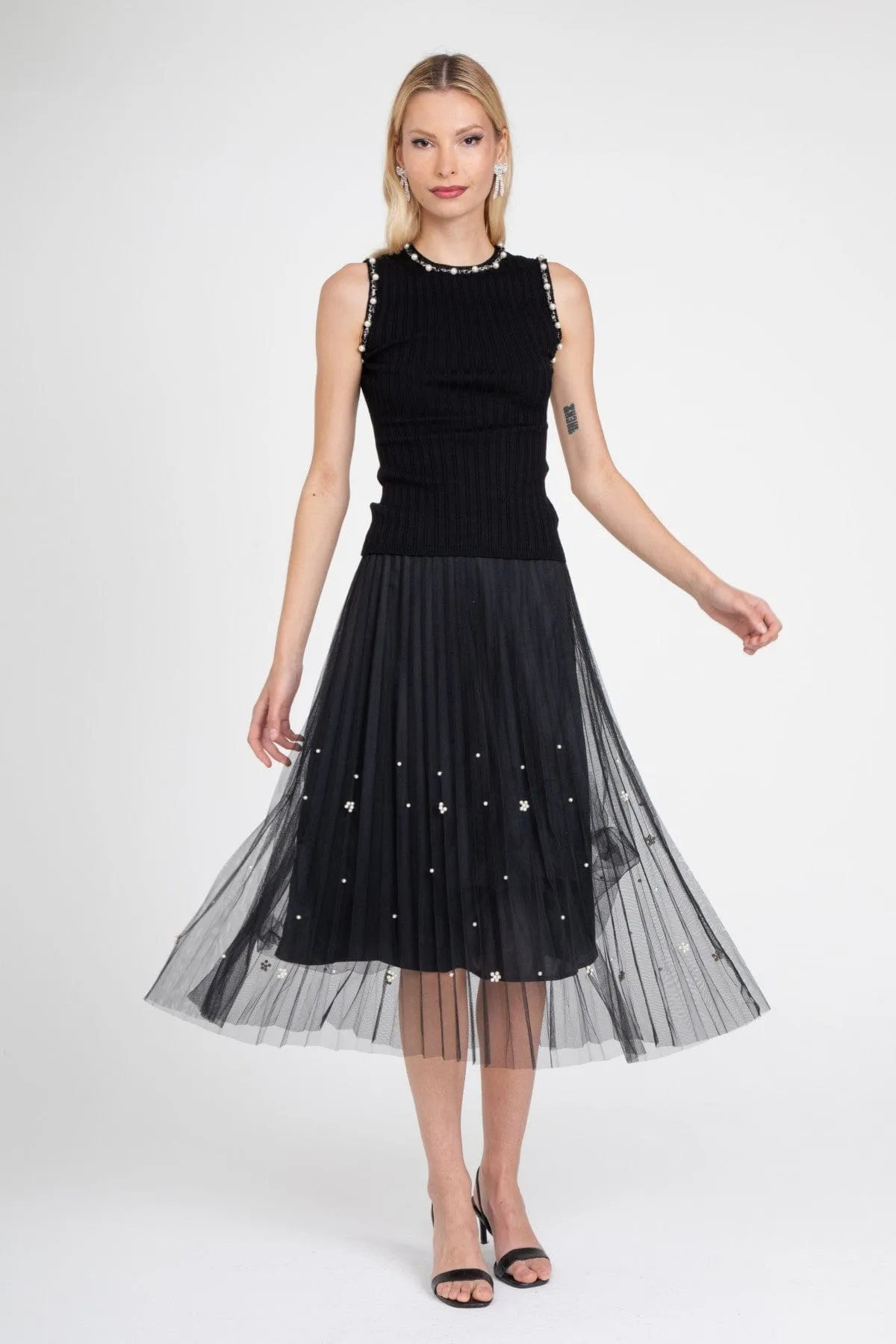Black Pearl Pleated Skirt Asymmetrical Cut Innovative Fabric