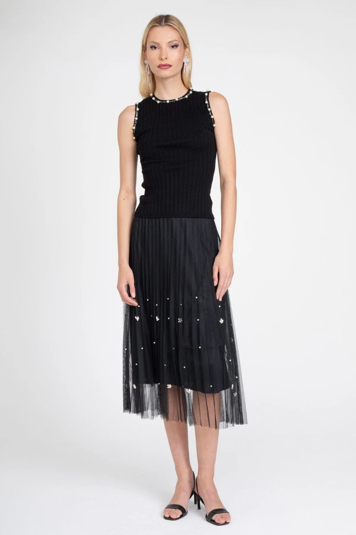 Black Pearl Pleated Skirt Twist Front Design