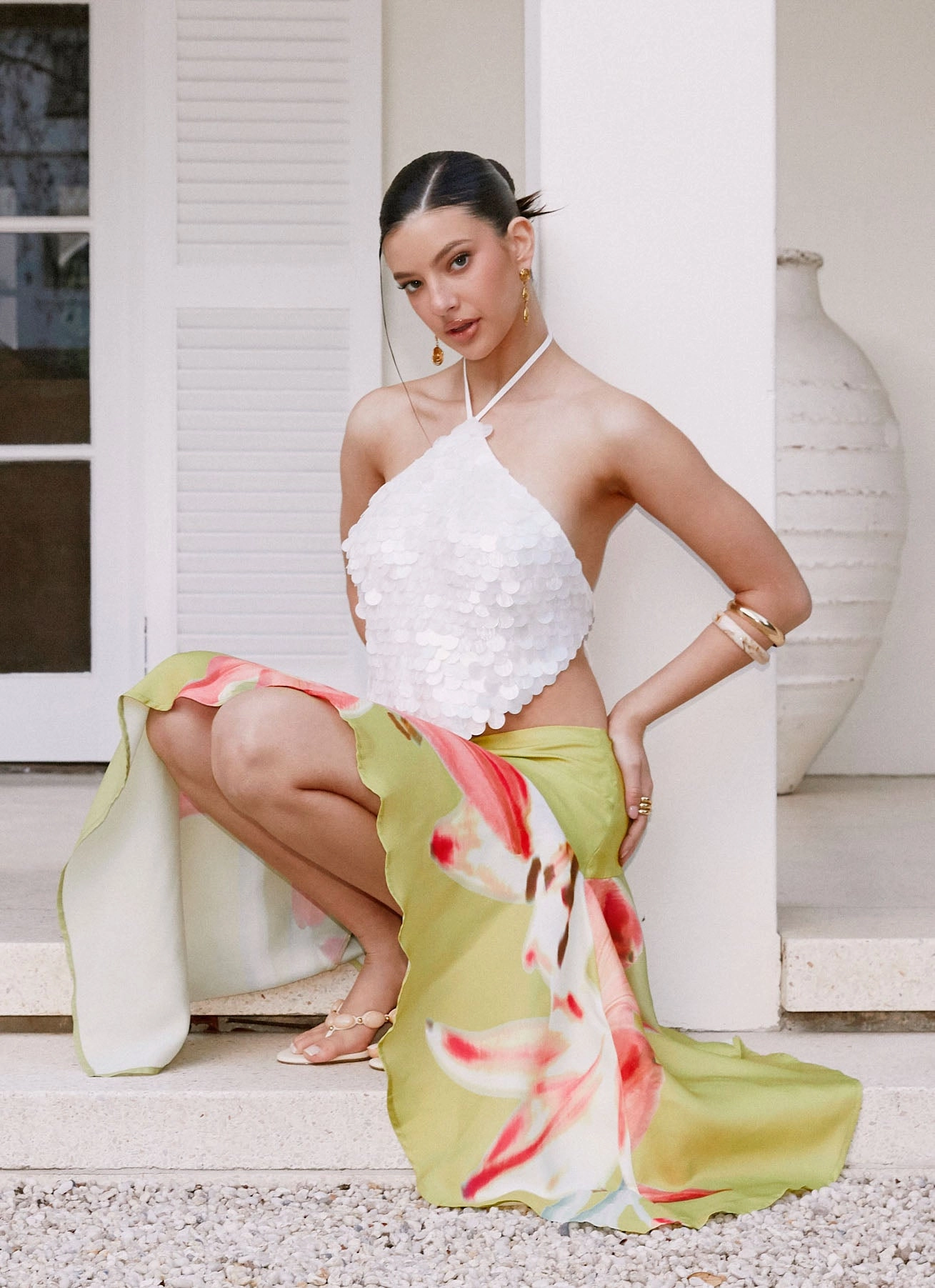 Noise Reducing Fabric Treatment Button Down Collar Style Tijana Beaded Halter Top - Ivory