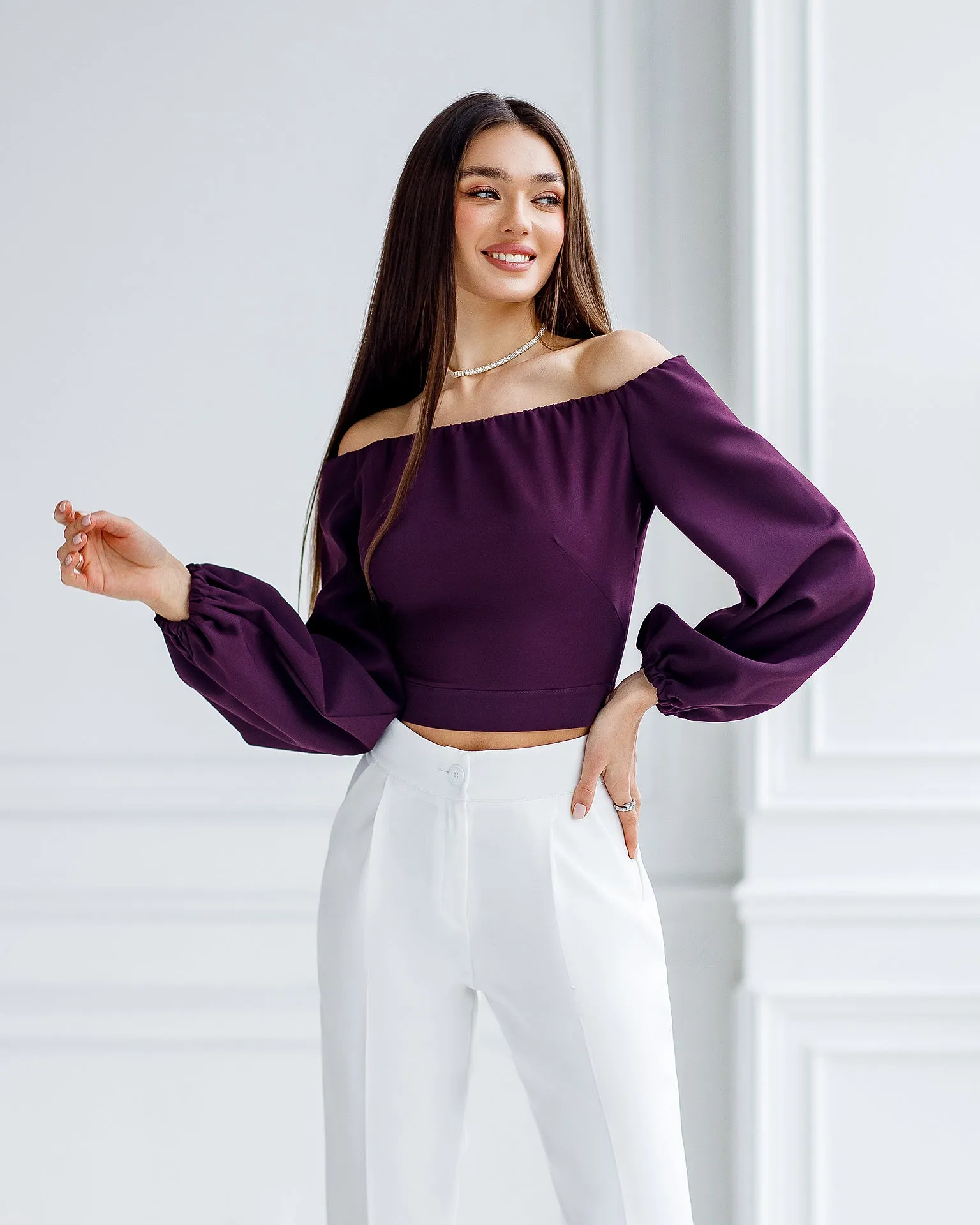 Bordeaux Off-The-Shoulder Puff-Sleeve Top