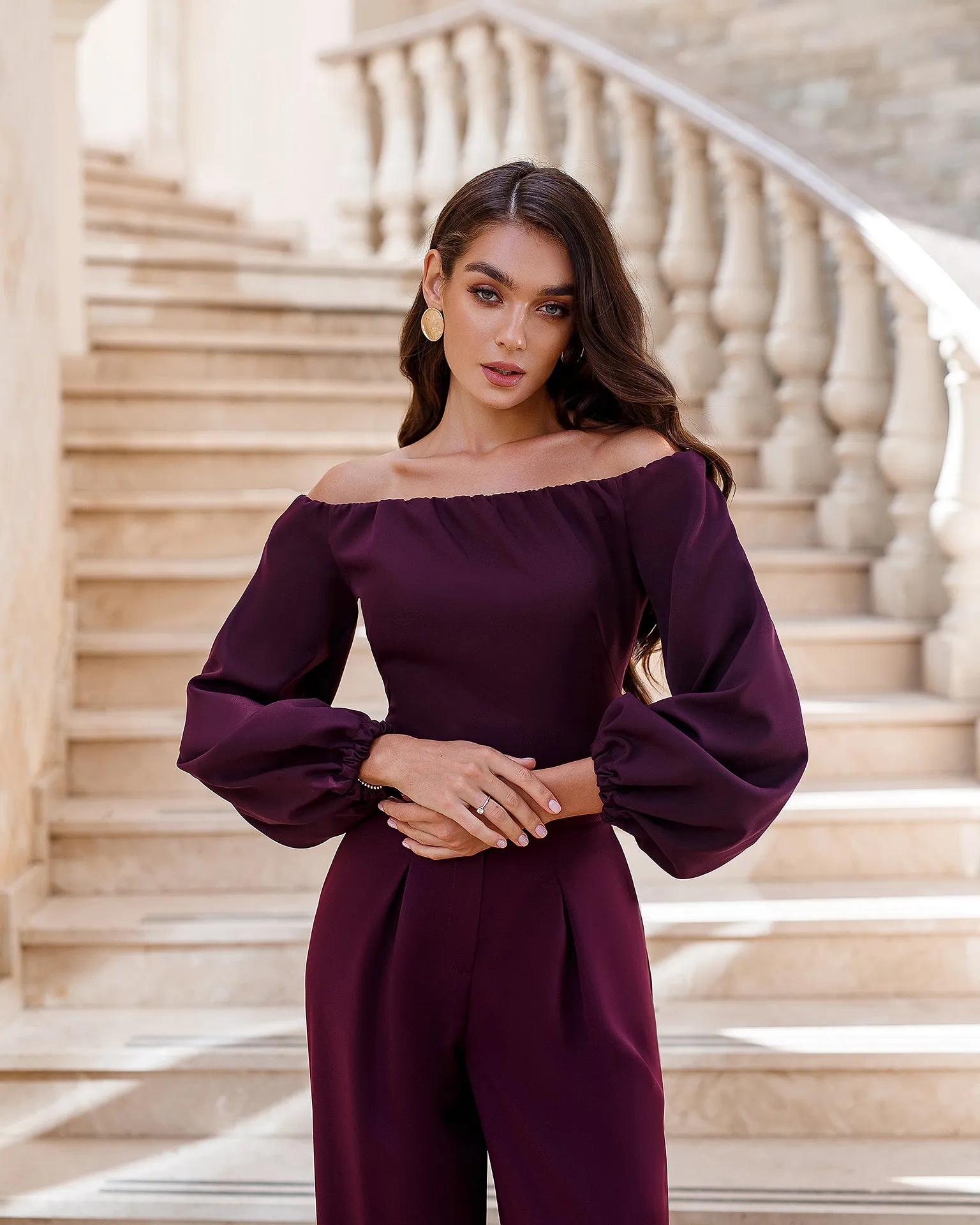 Bordeaux Off-The-Shoulder Puff-Sleeve Top