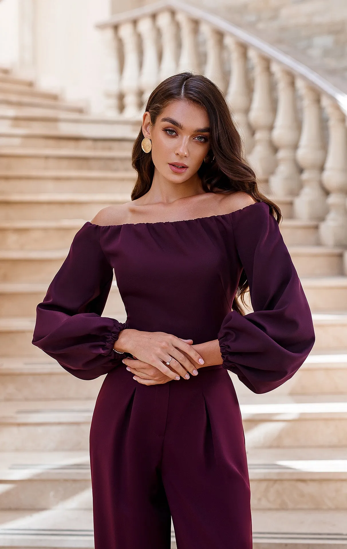 Bordeaux Off-The-Shoulder Puff-Sleeve Top