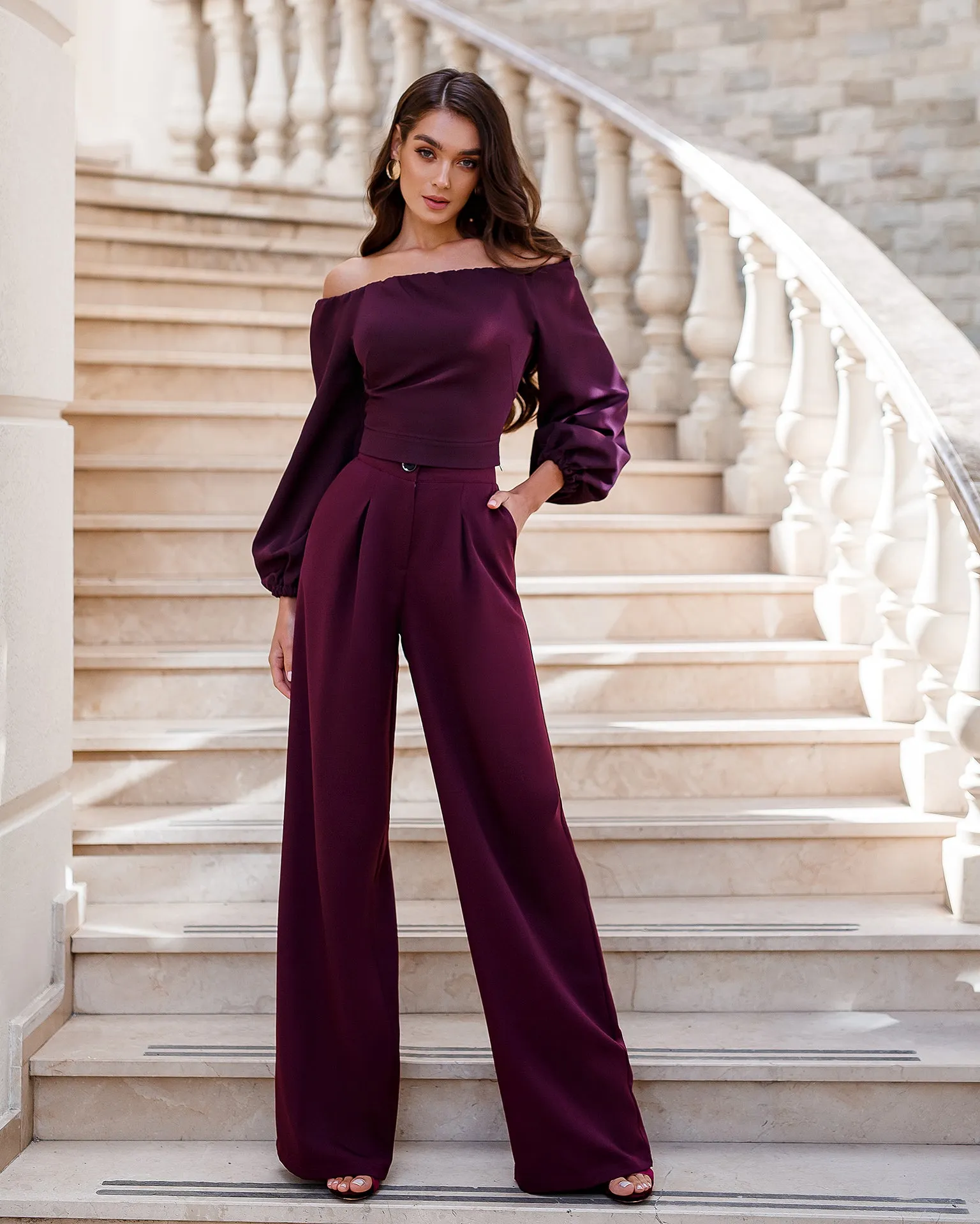 Bordeaux Off-The-Shoulder Puff-Sleeve Top