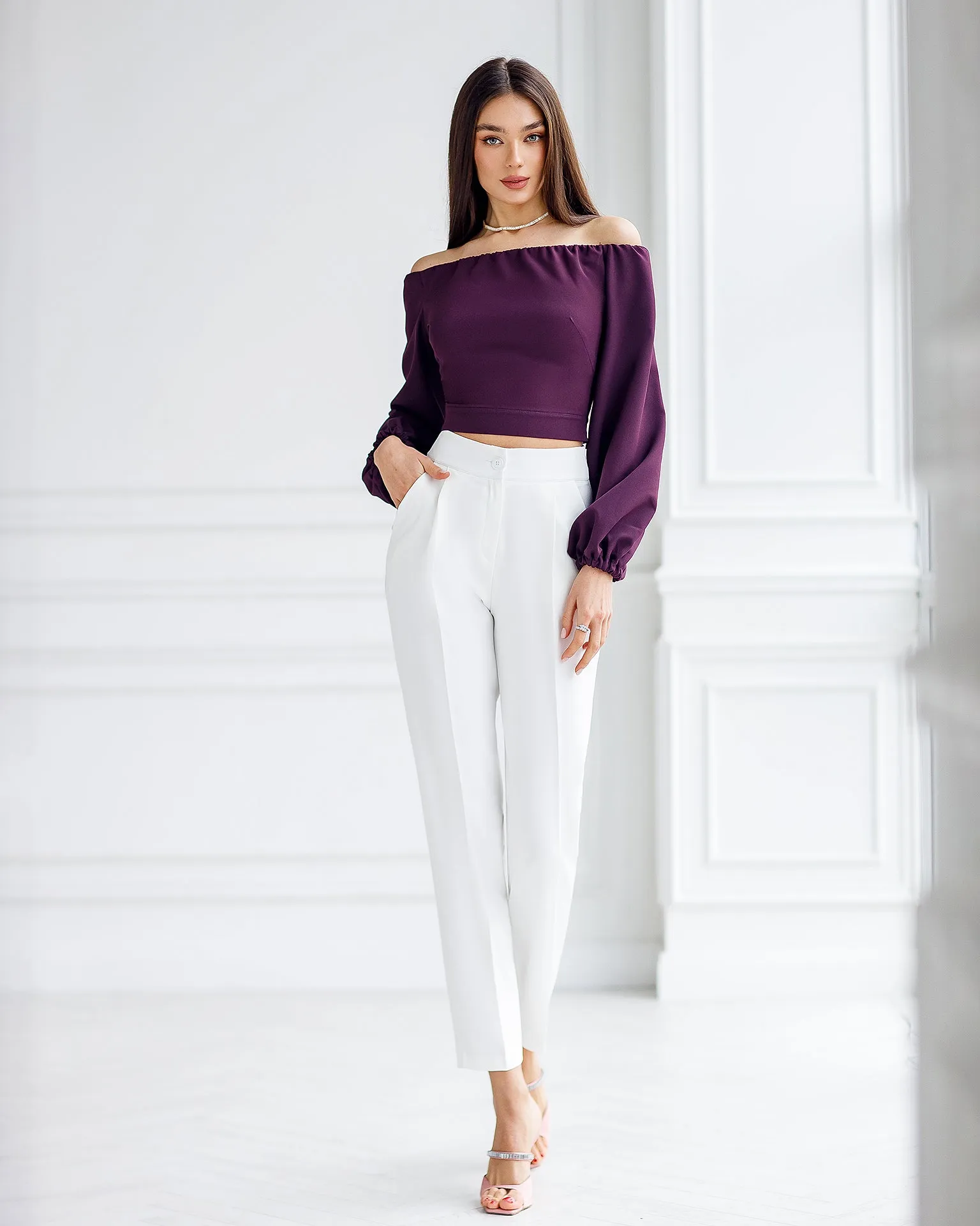 Bordeaux Off-The-Shoulder Puff-Sleeve Top
