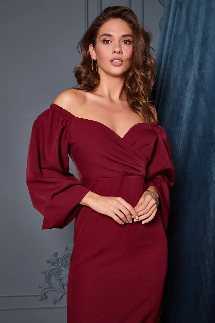 Bordeaux Puff-Sleeve Midi Dress