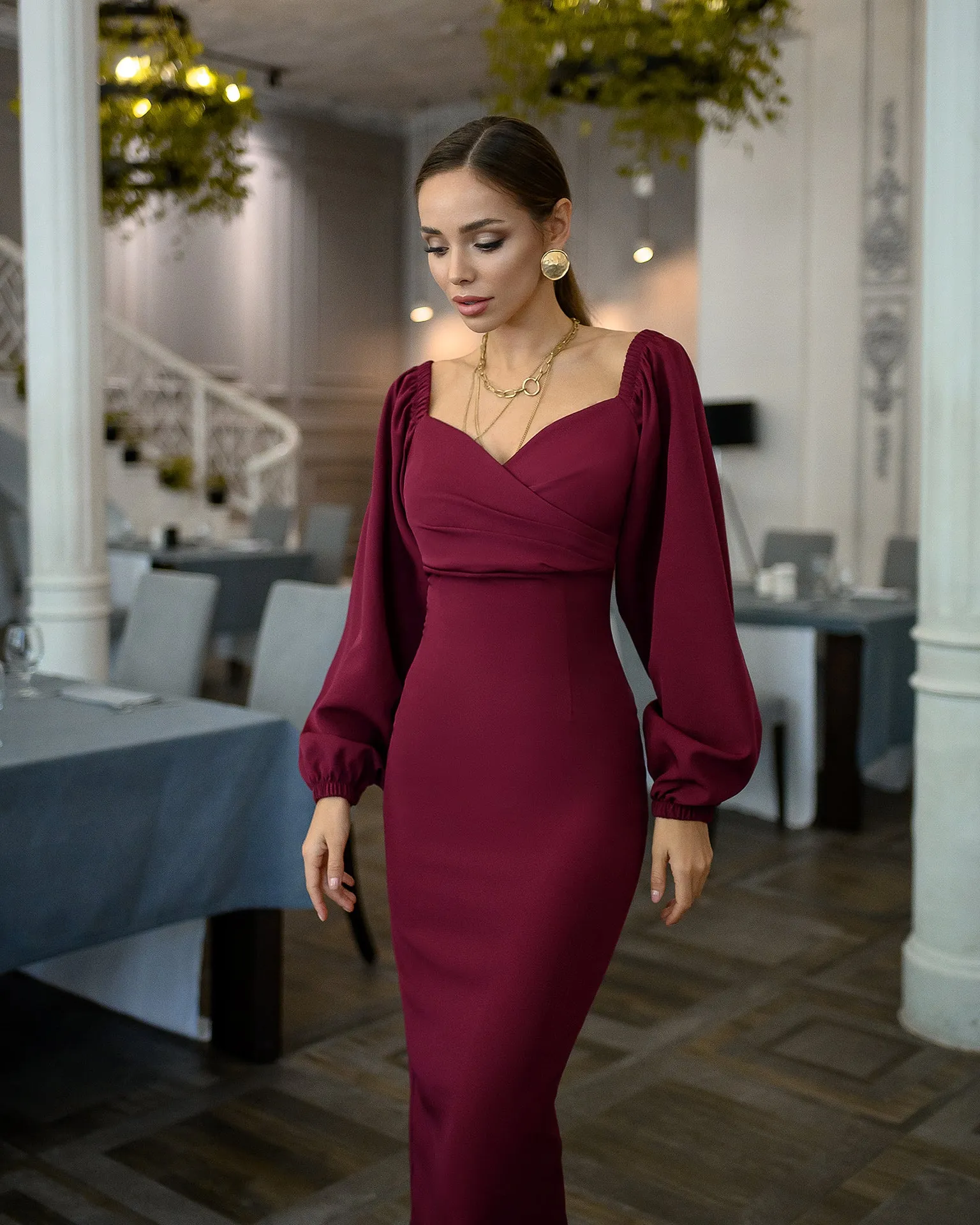 Bordeaux Puff-Sleeve Midi Dress