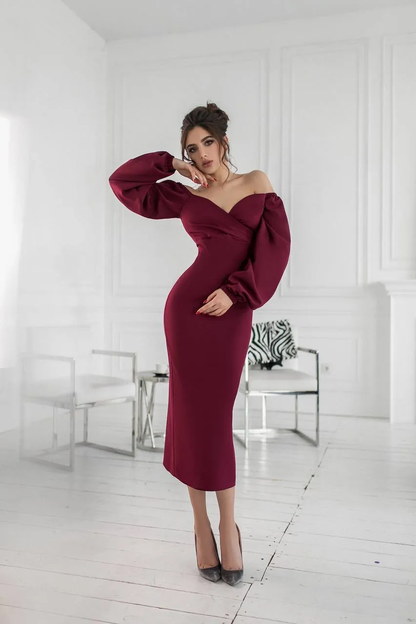 Bordeaux Puff-Sleeve Midi Dress