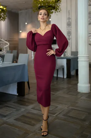 Bordeaux Puff-Sleeve Midi Dress
