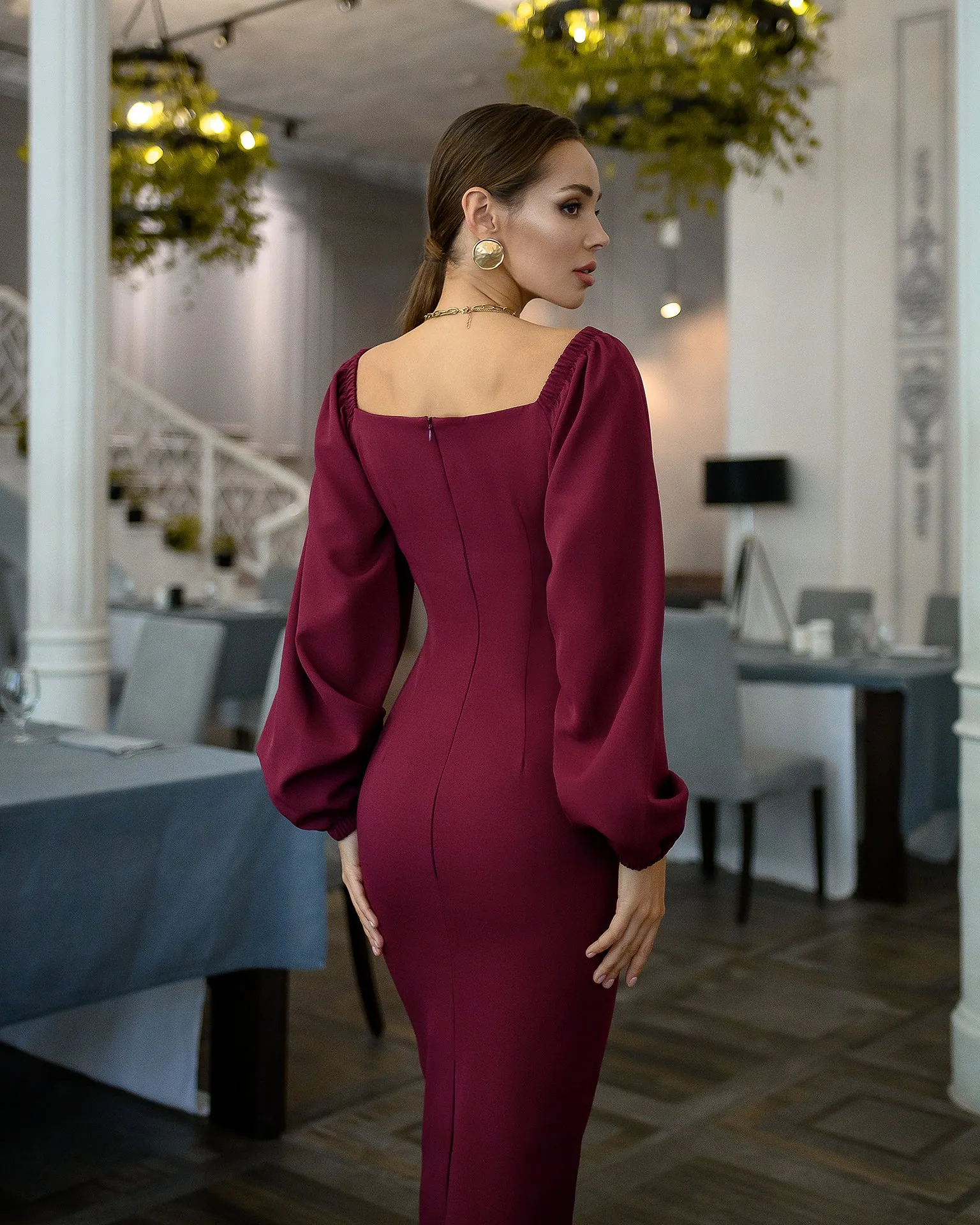 Bordeaux Puff-Sleeve Midi Dress