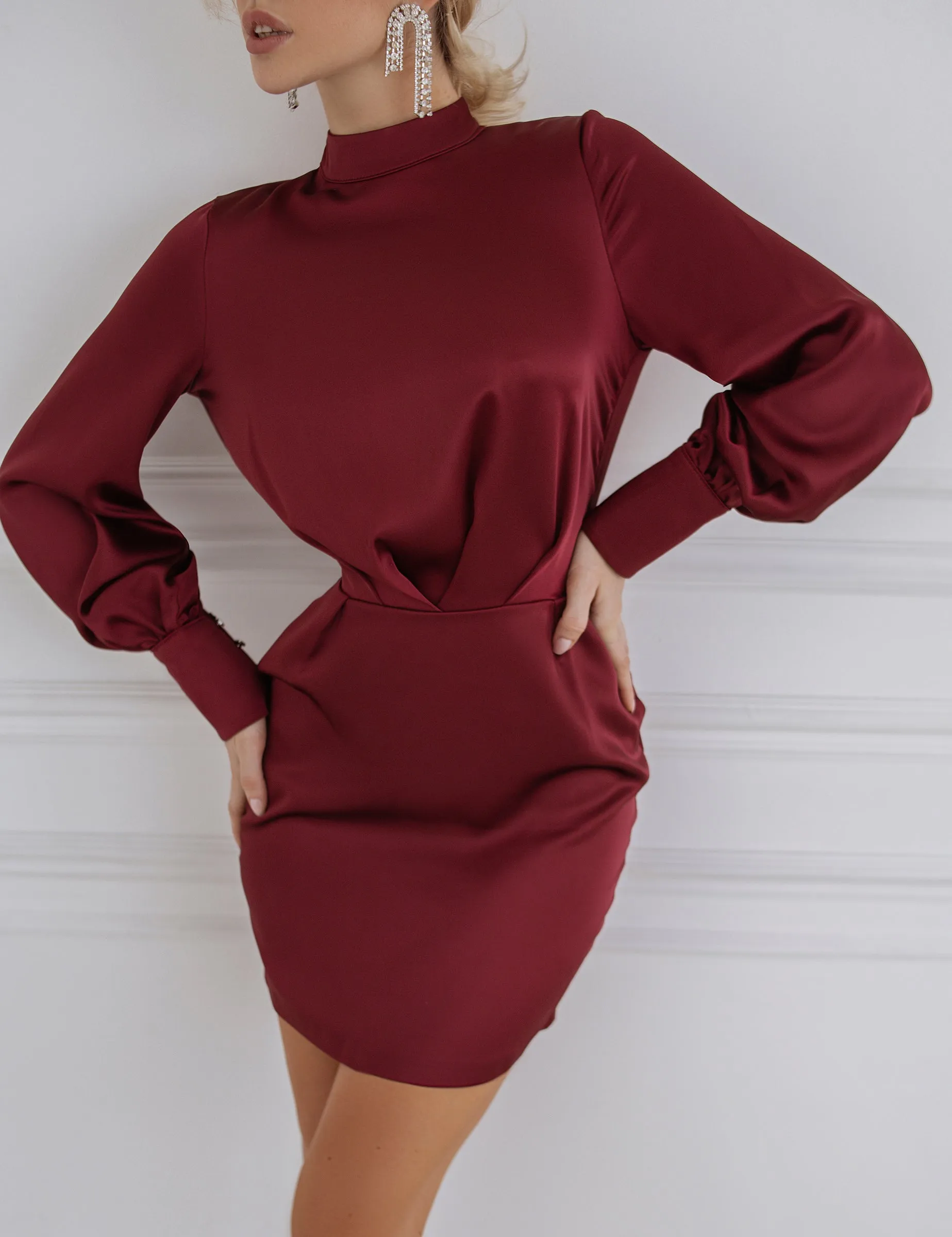 Bordeaux Satin Long Sleeve Mini Dress