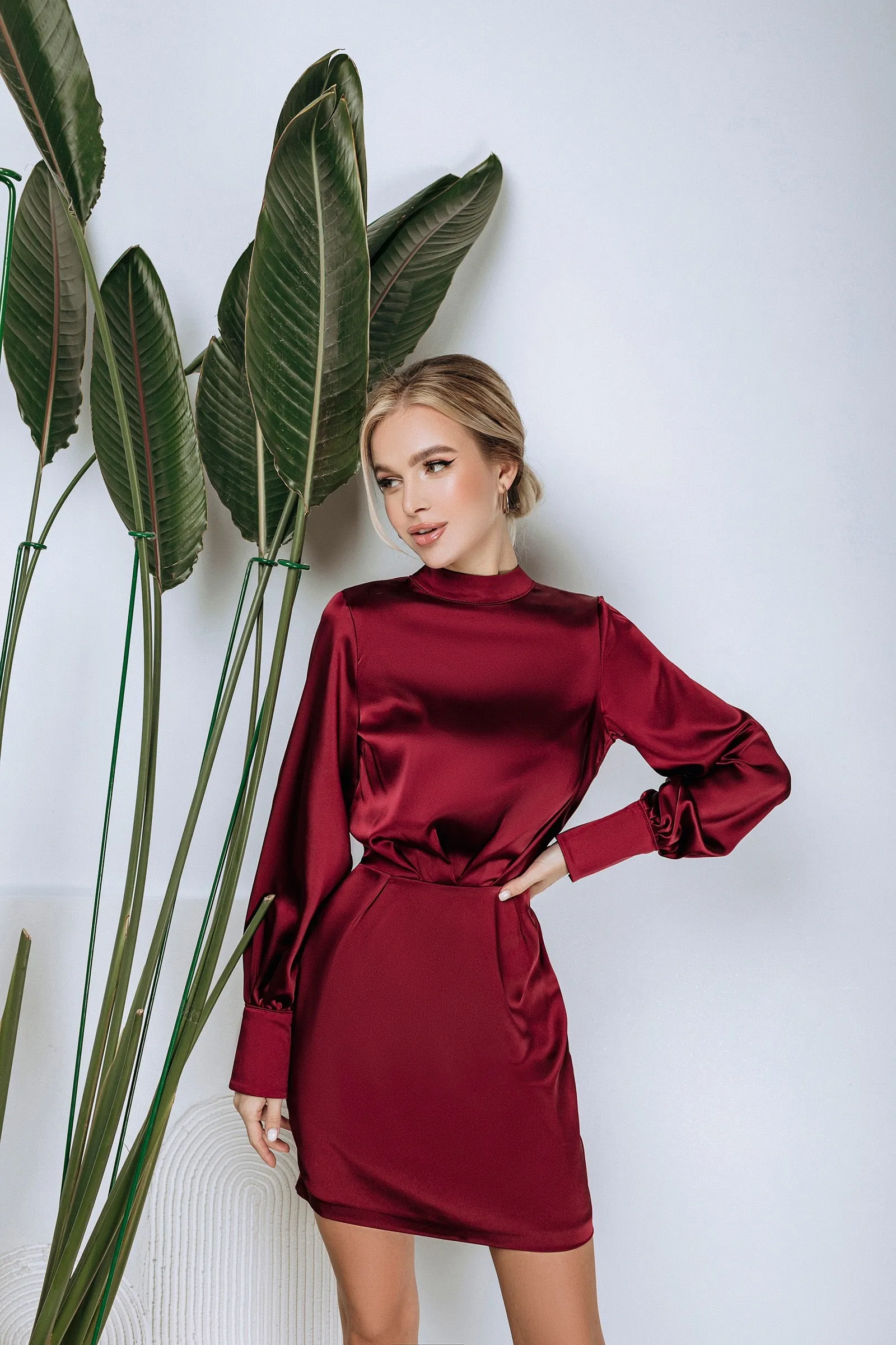 Bordeaux Satin Long Sleeve Mini Dress