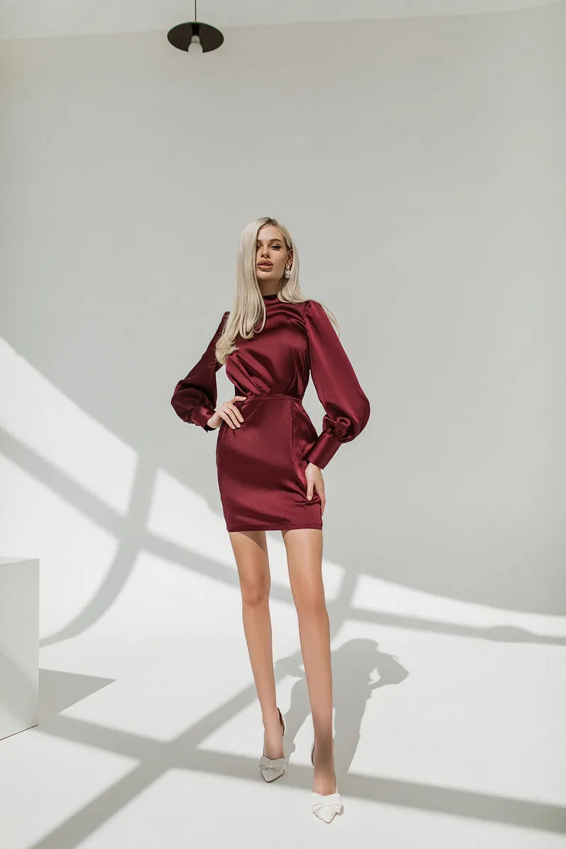 Bordeaux Satin Long Sleeve Mini Dress