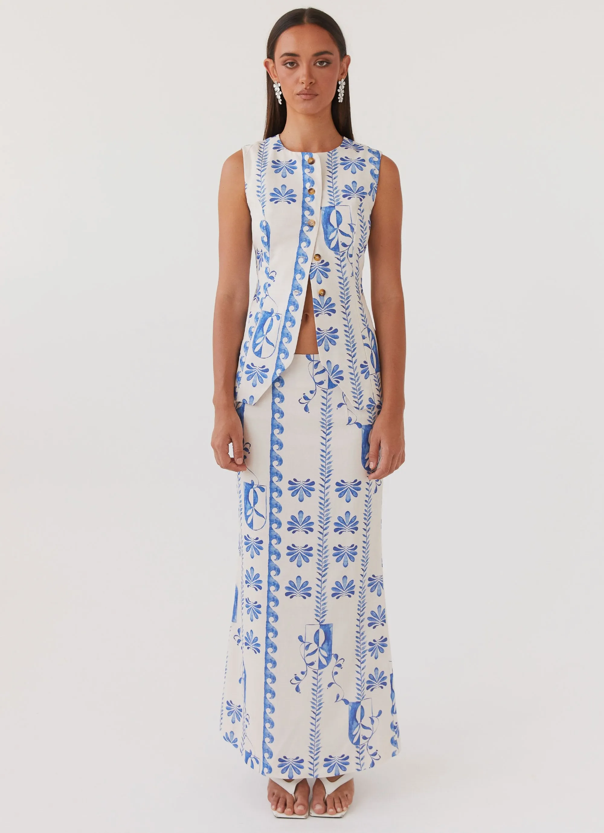 Born For Bordeaux Linen Midi Skirt - Floral Wave Chic Design