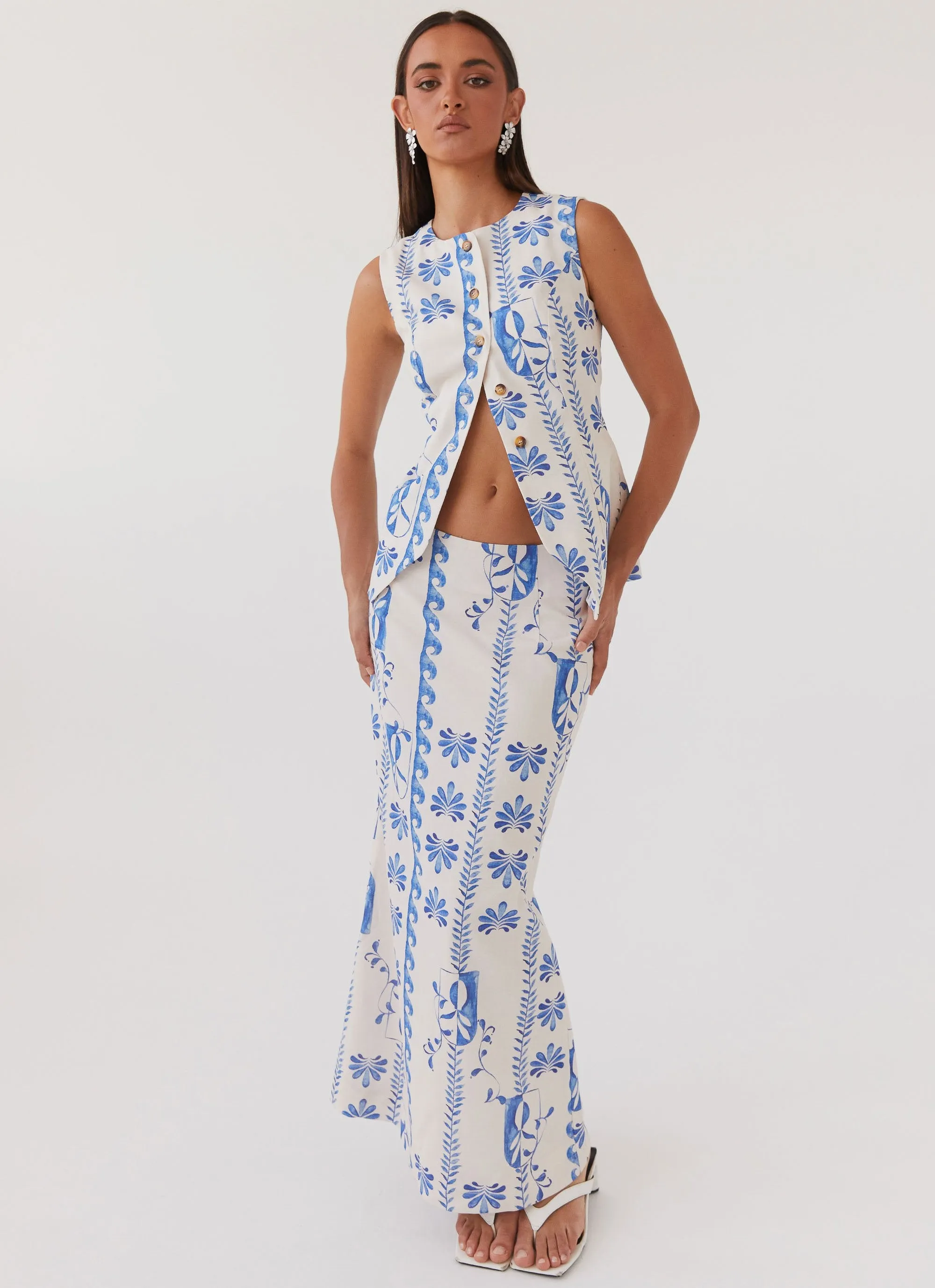 Born For Bordeaux Linen Midi Skirt - Floral Wave Smart Style