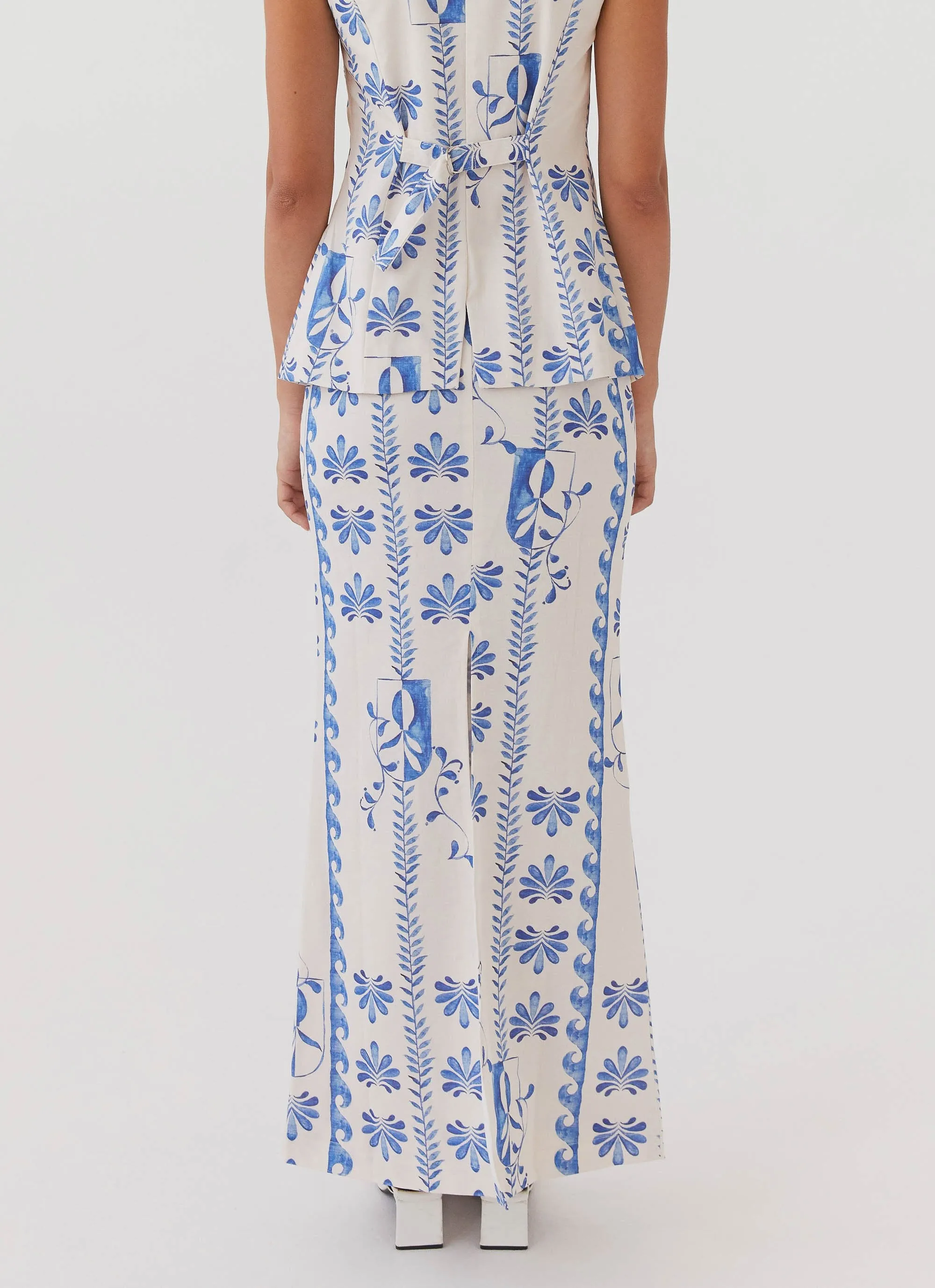 Work Essential Born For Bordeaux Linen Midi Skirt - Floral Wave