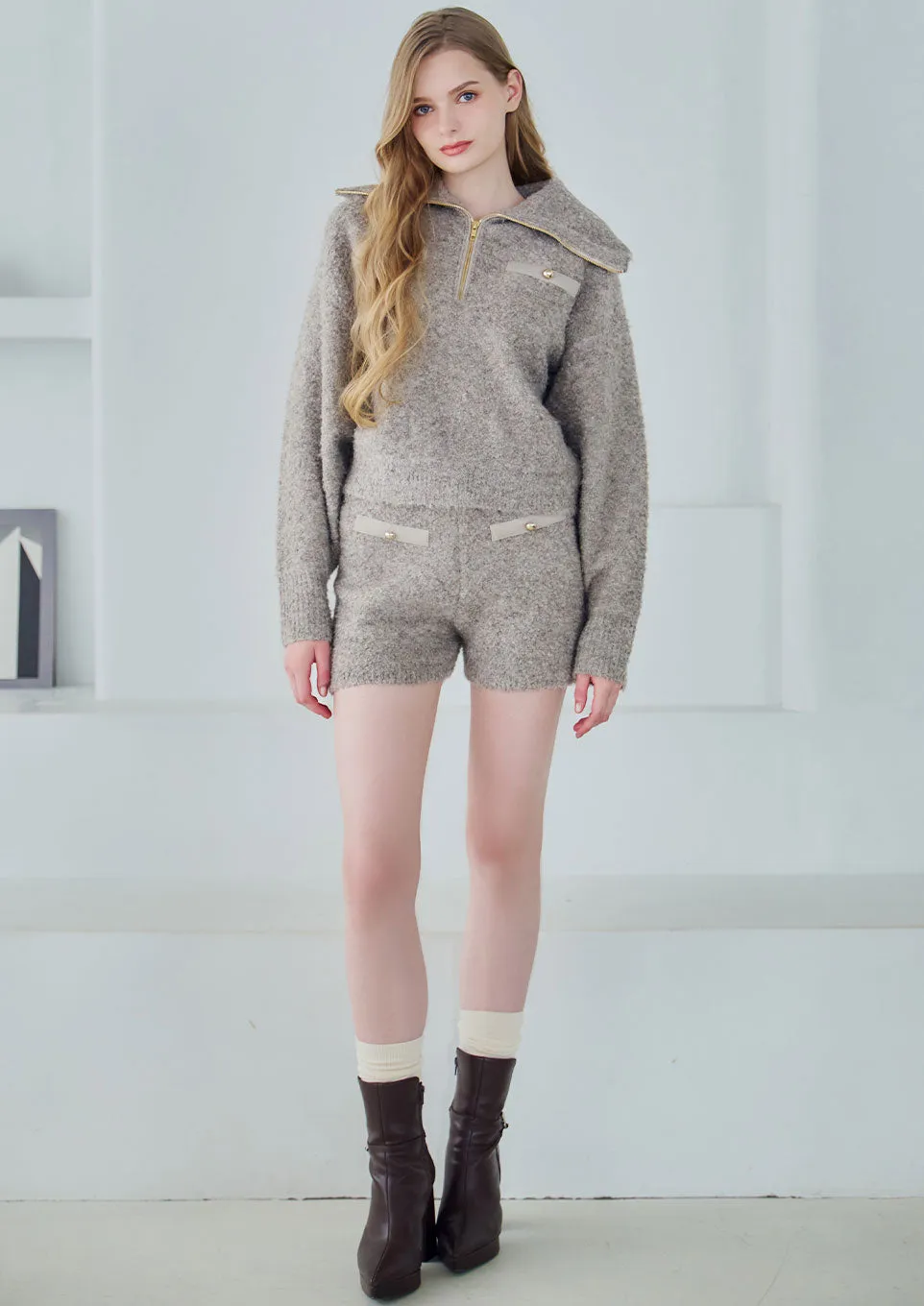 Boucle knit tops×short pants