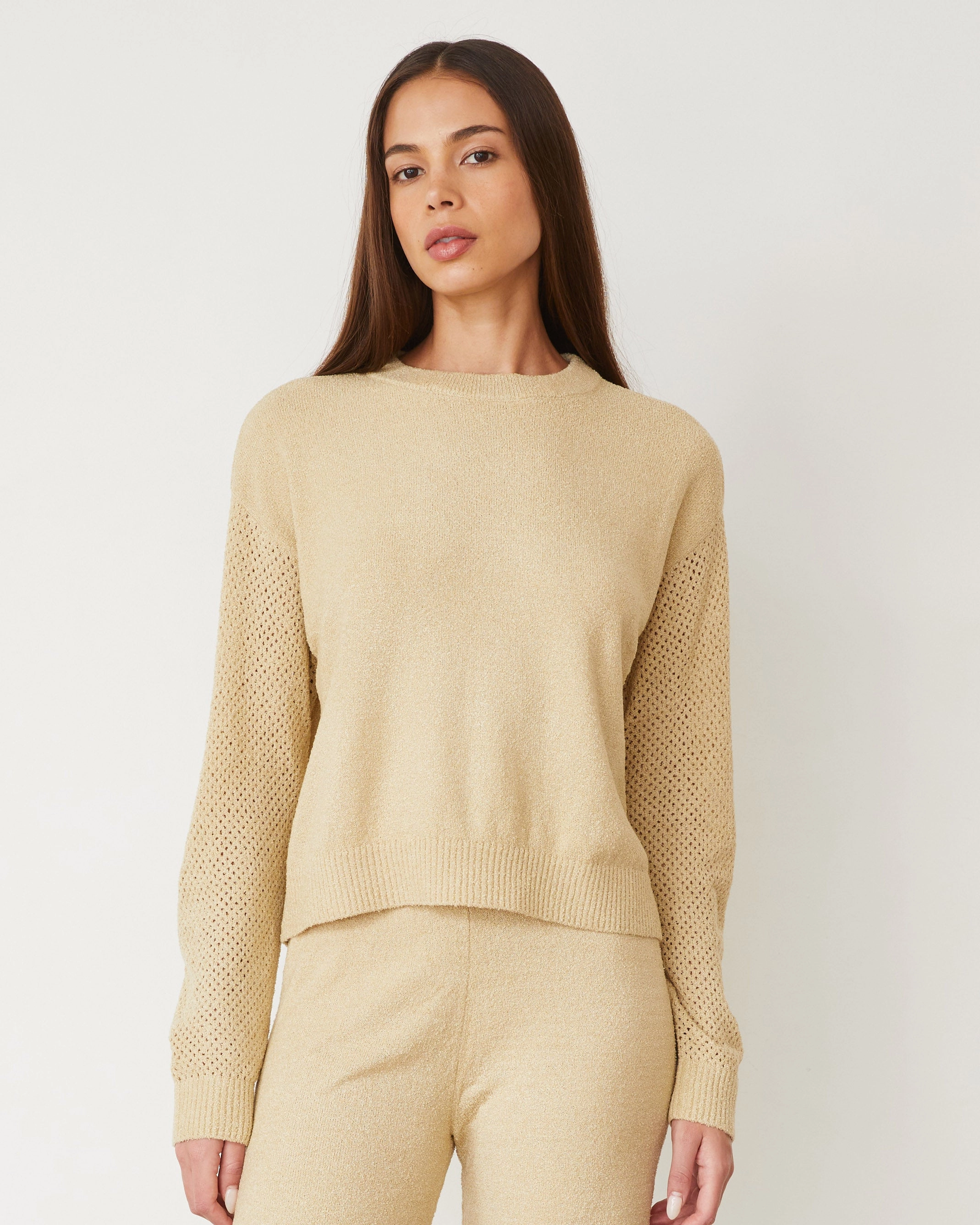 Contrast Stitch Accent Boucle Knit Mesh Mixed Sweater