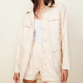 Bound Seam Finish Faux Leather Pocket Jacket Fun Design Faux Leather Pocket Jacket