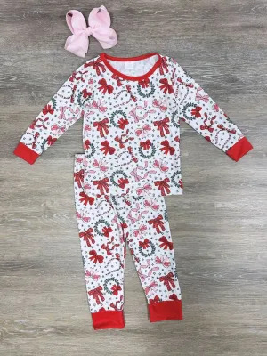 Bow & Wreath Girls Red Trimmed Holiday Pajama Set
