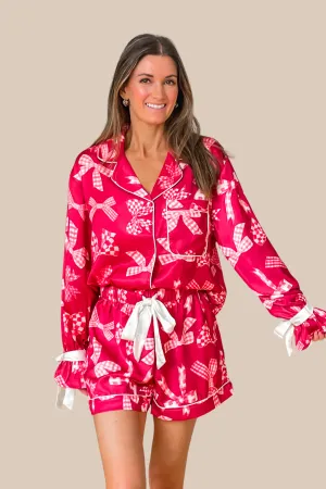 Bow Satin Pajama Set - Red and White