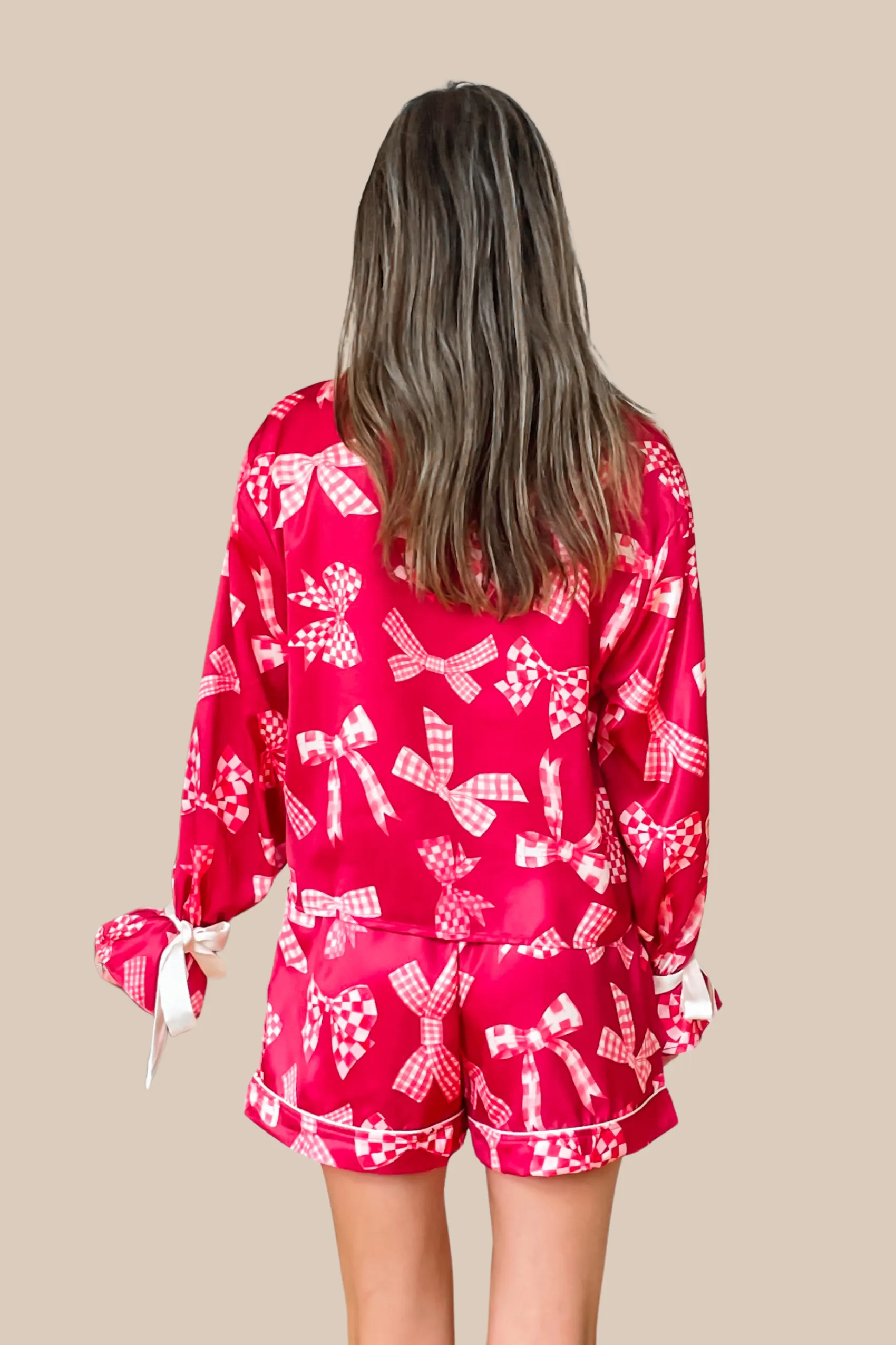 Bow Satin Pajama Set - Red and White