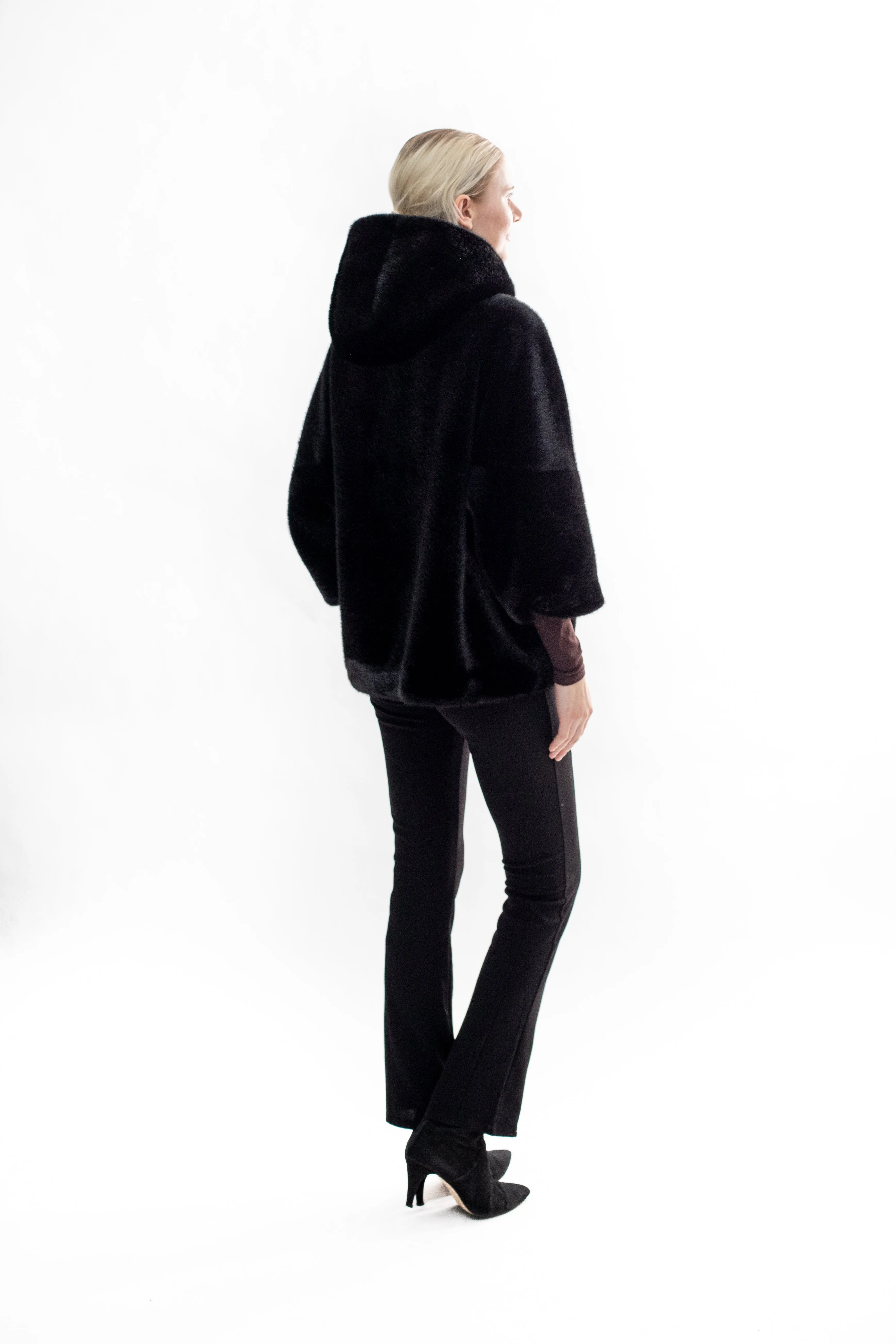 Bram- Faux mink hooded cape jacket with 3/4 sleeves