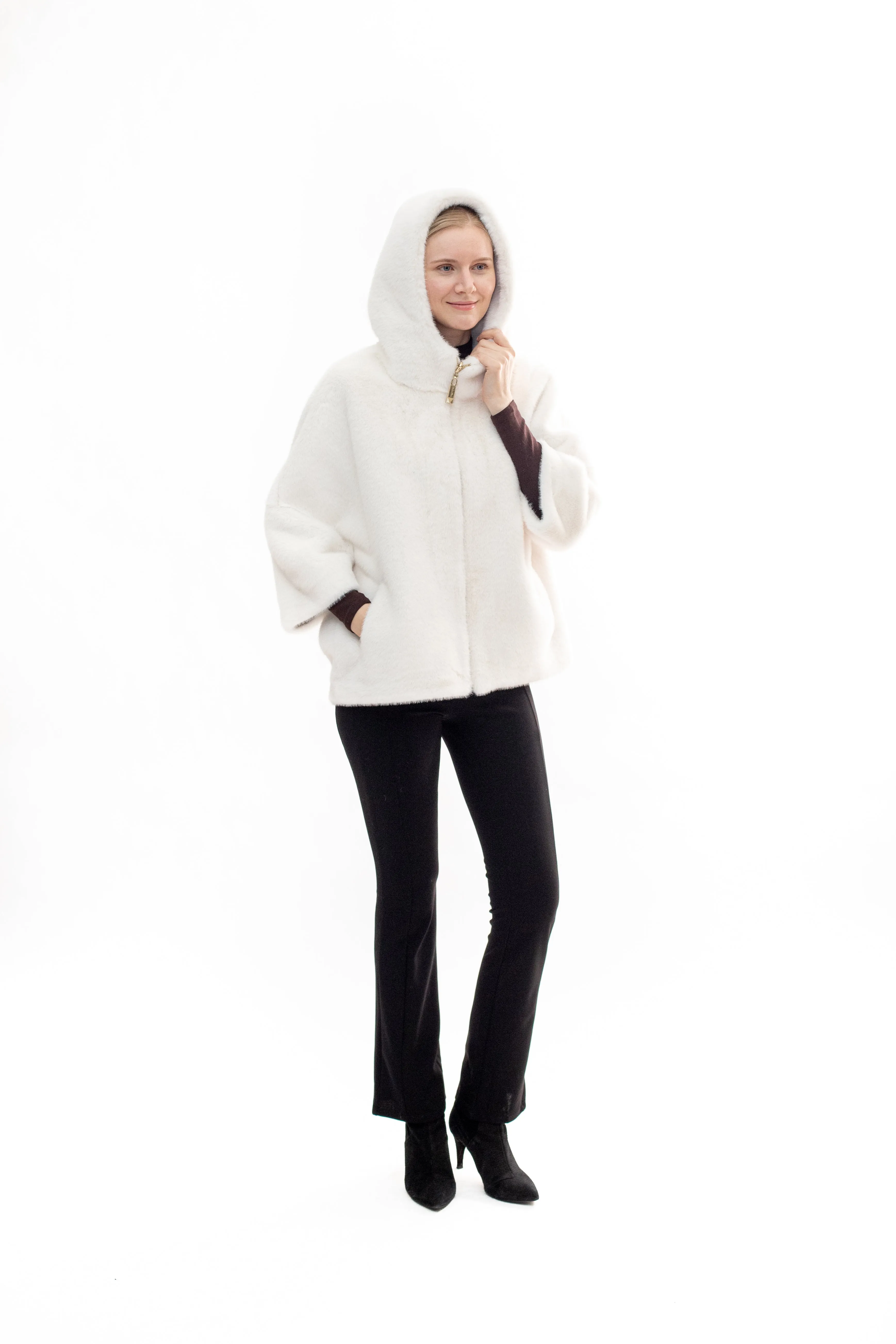 Bram- Faux mink hooded cape jacket with 3/4 sleeves