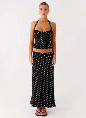 Breanne Midi Skirt - Black Polka Dot Sequin Accent Laidback Feel Breanne Midi Skirt - Black Polka Dot