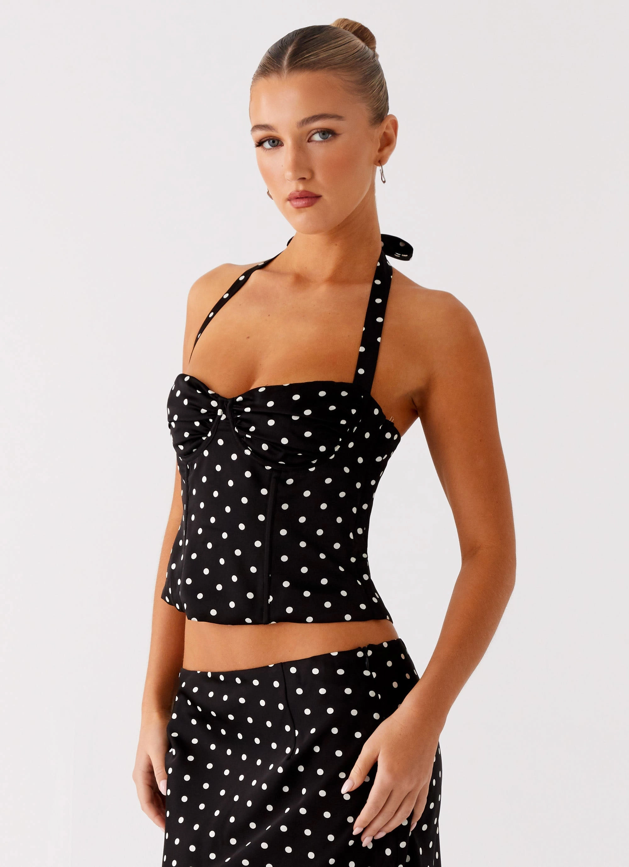 Smooth Motion Diagonal Slit Breanne Top - Black Polka Dot