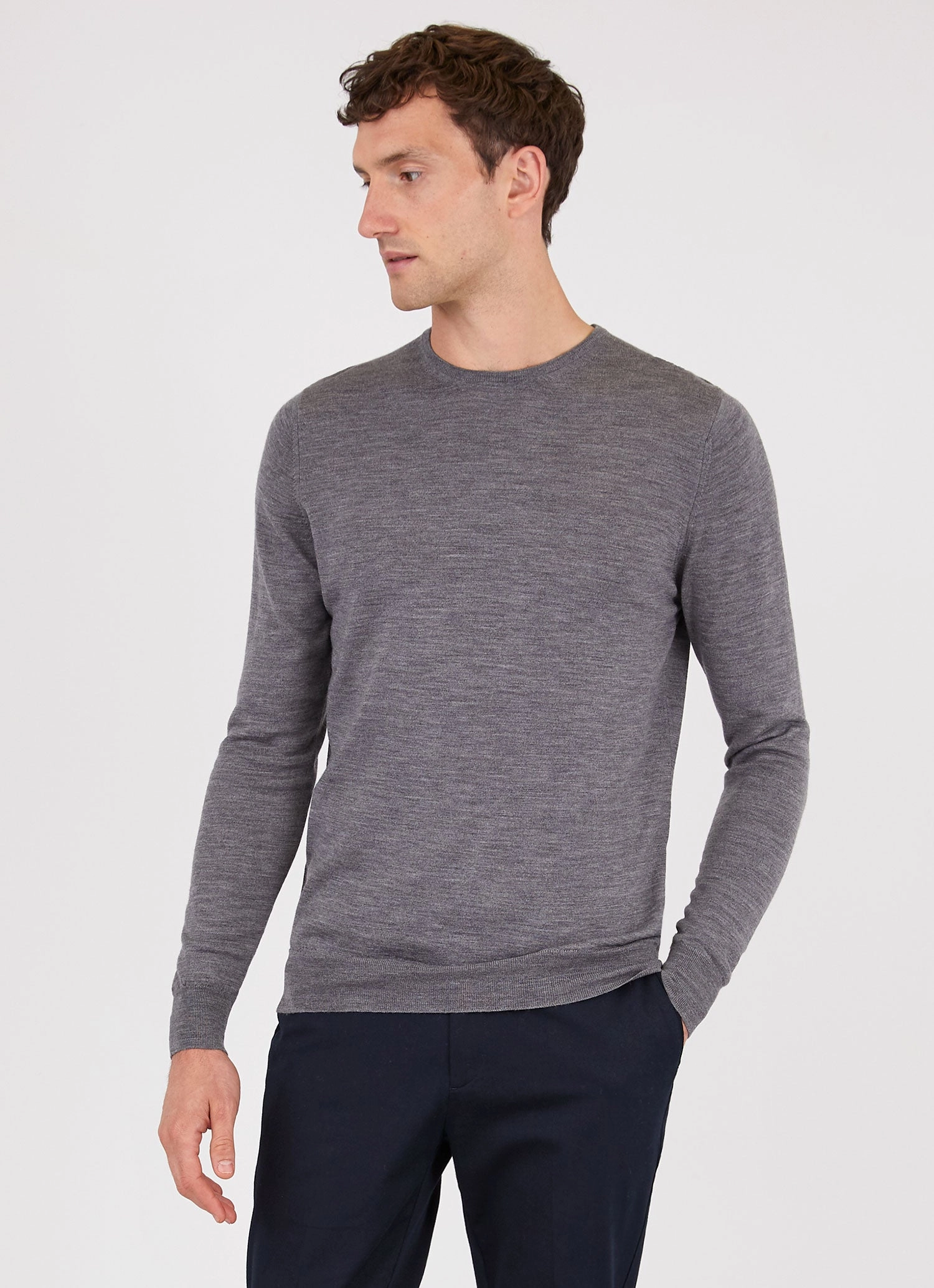 Men's Extra-Fine Merino Crew Neck in Grey Melange NonIrritating Seams