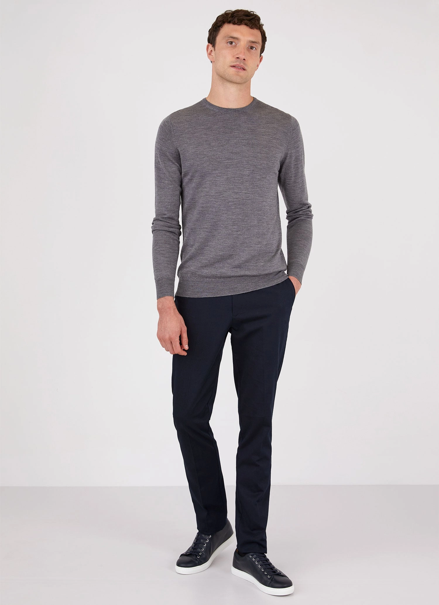 Men's Extra-Fine Merino Crew Neck in Grey Melange Home Outfit AntiStatic Coating