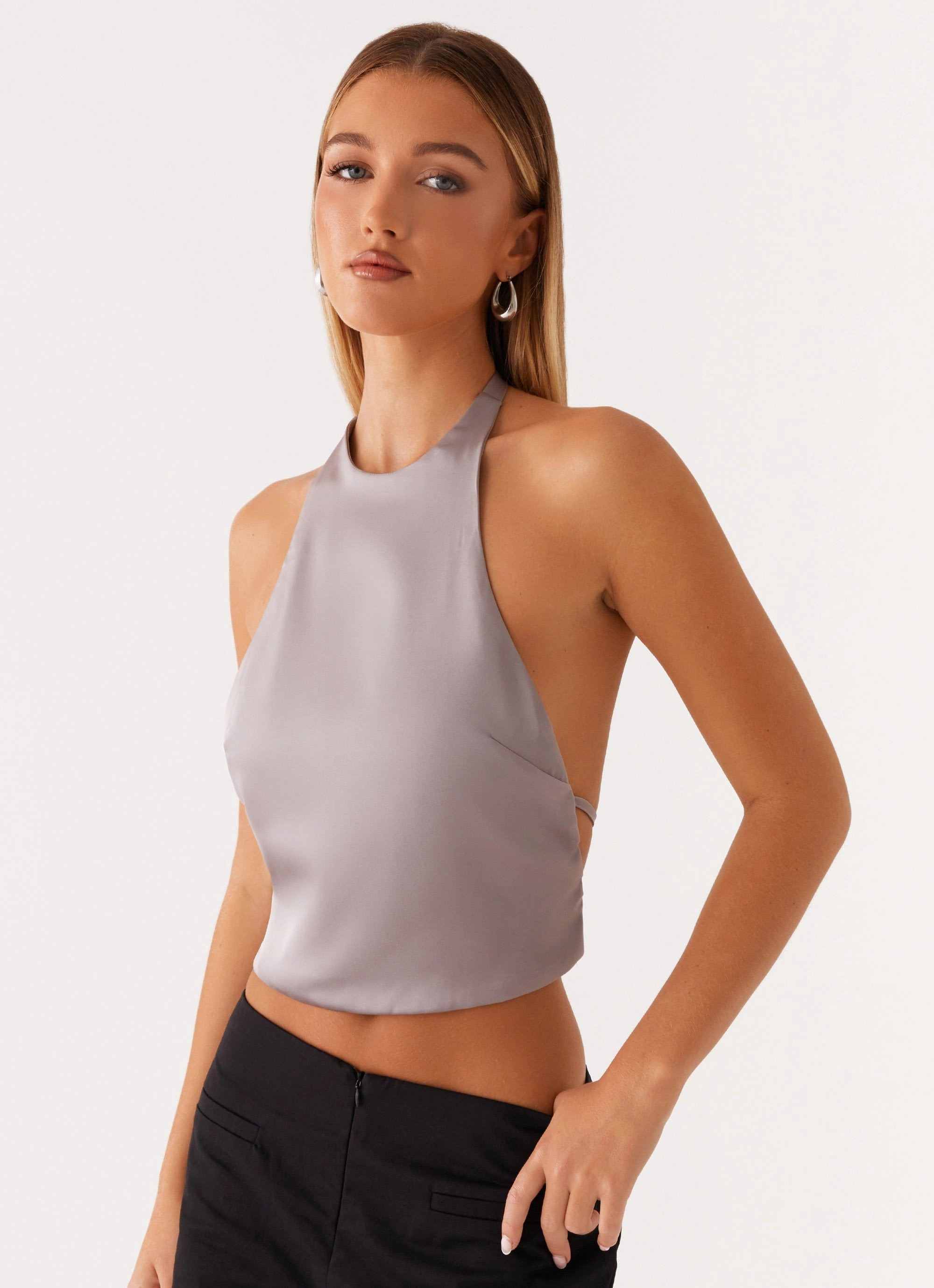OdorResistantFinish Bree Satin Halterneck Top - Grey