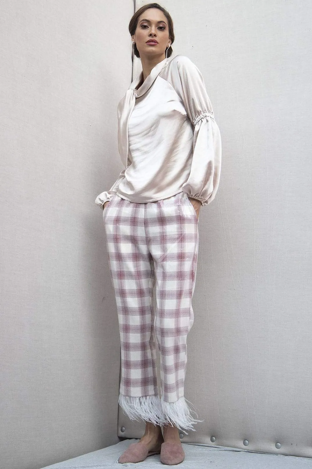 Brenda Feathered Plaid Pants Layered Look