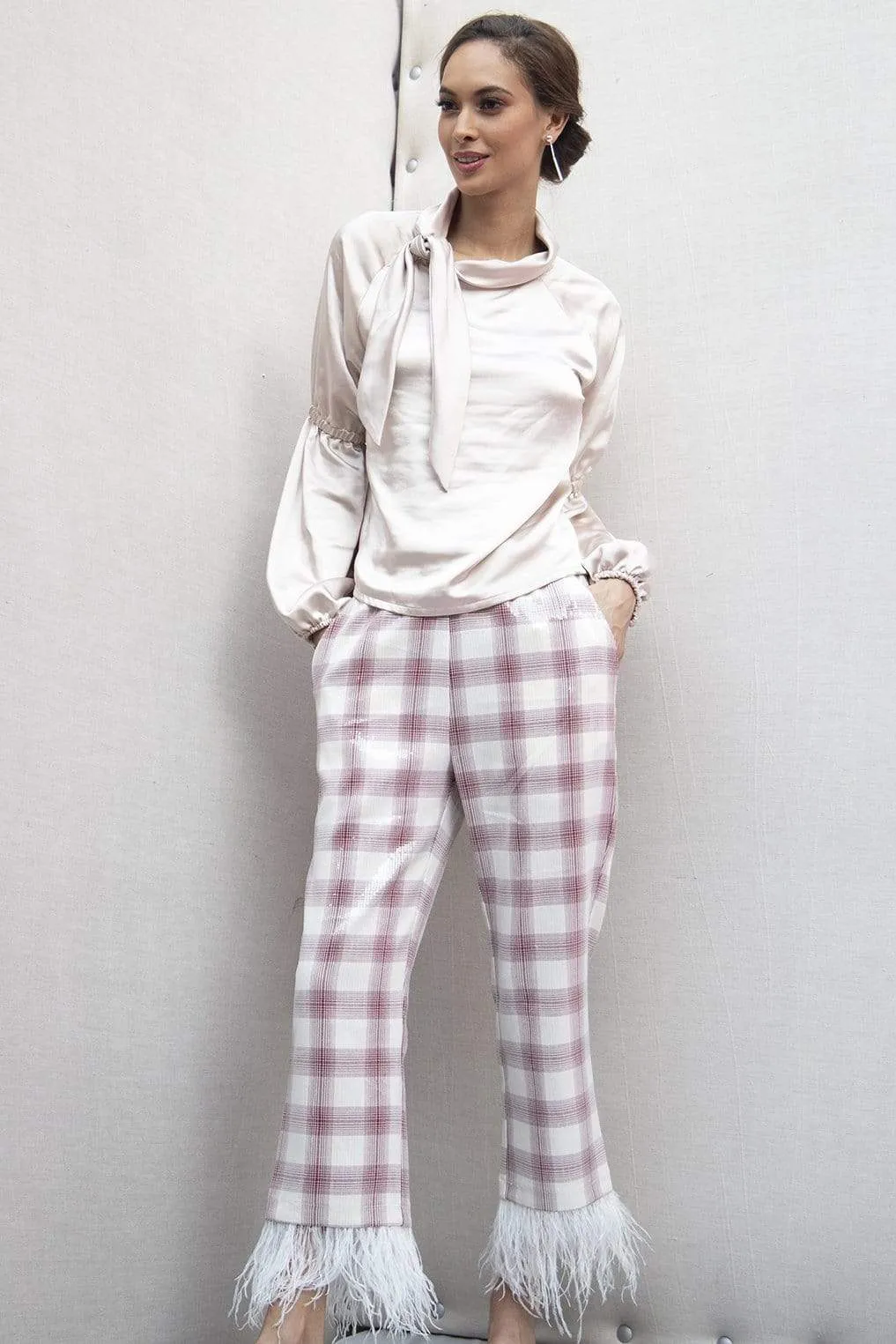 Brenda Feathered Plaid Pants Dynamic Motion