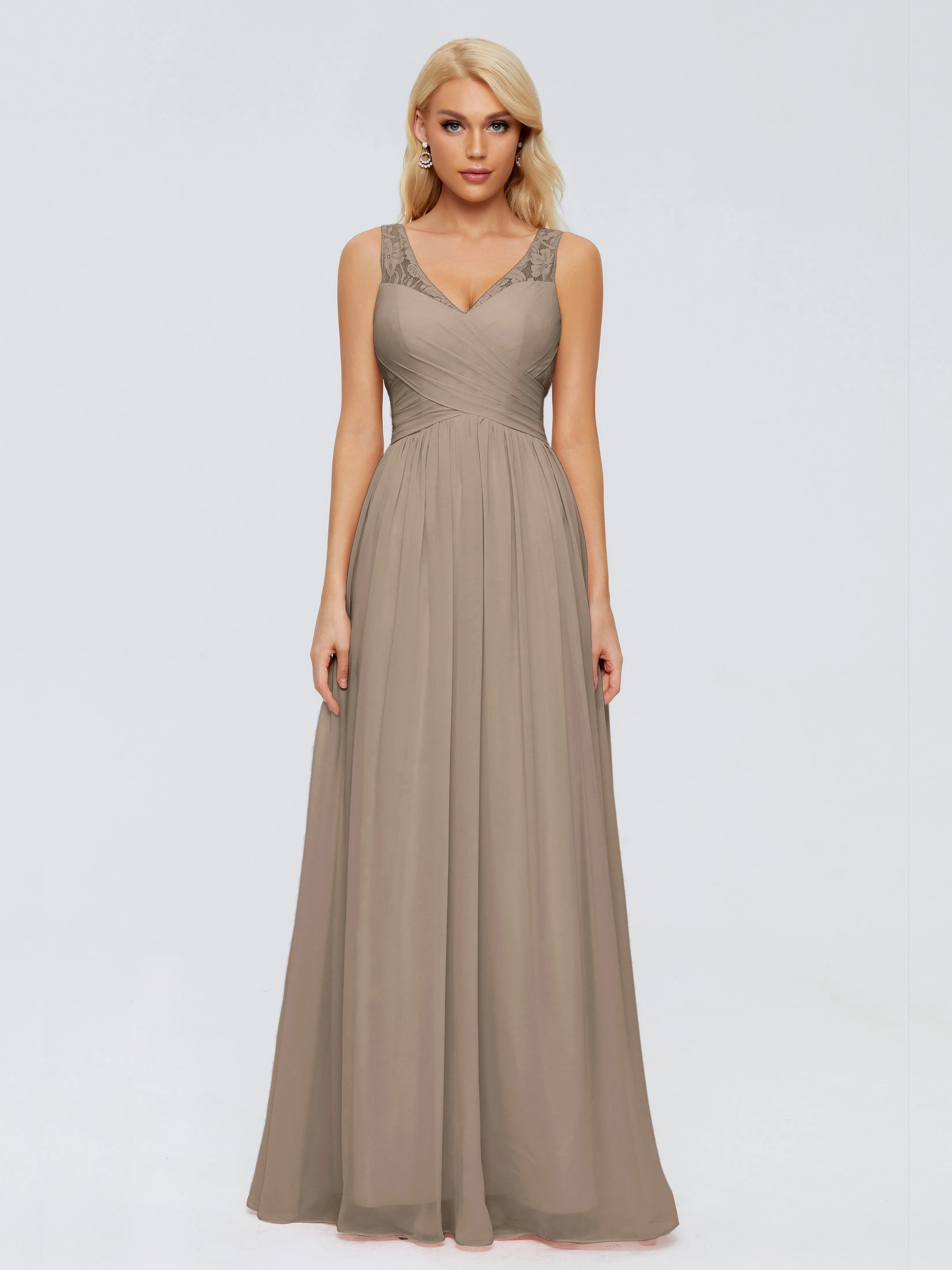 Bridesmaids In Taupe Dresses Kayla Straps Lace Chiffon Bridesmaid Dresses Deep V Neck Bridesmaid Dresses