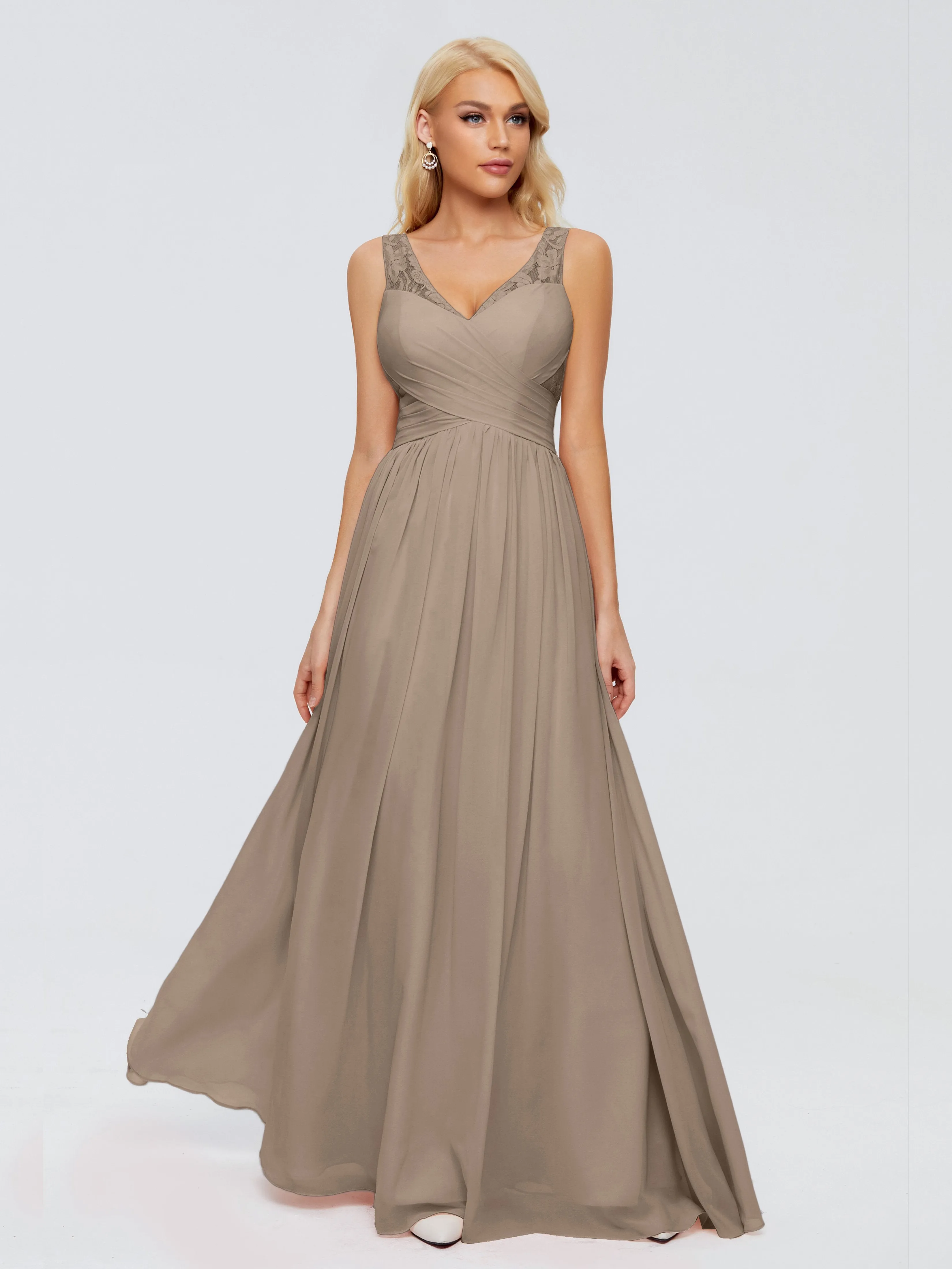 Bridesmaids In Taupe Dresses Kayla Straps Lace Chiffon Bridesmaid Dresses Deep V Neck Bridesmaid Dresses