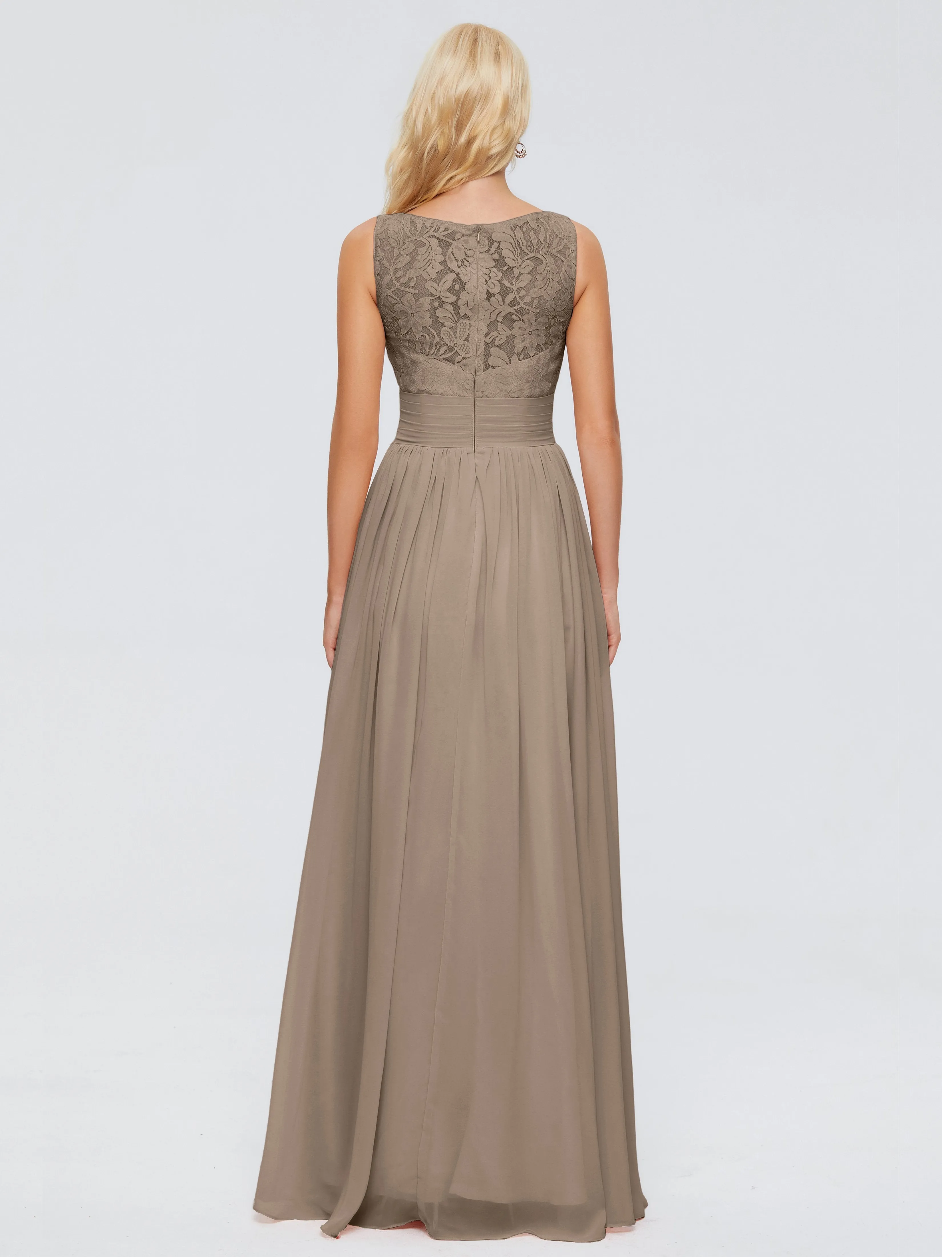 Bridesmaids In Taupe Dresses Kayla Straps Lace Chiffon Bridesmaid Dresses Deep V Neck Bridesmaid Dresses