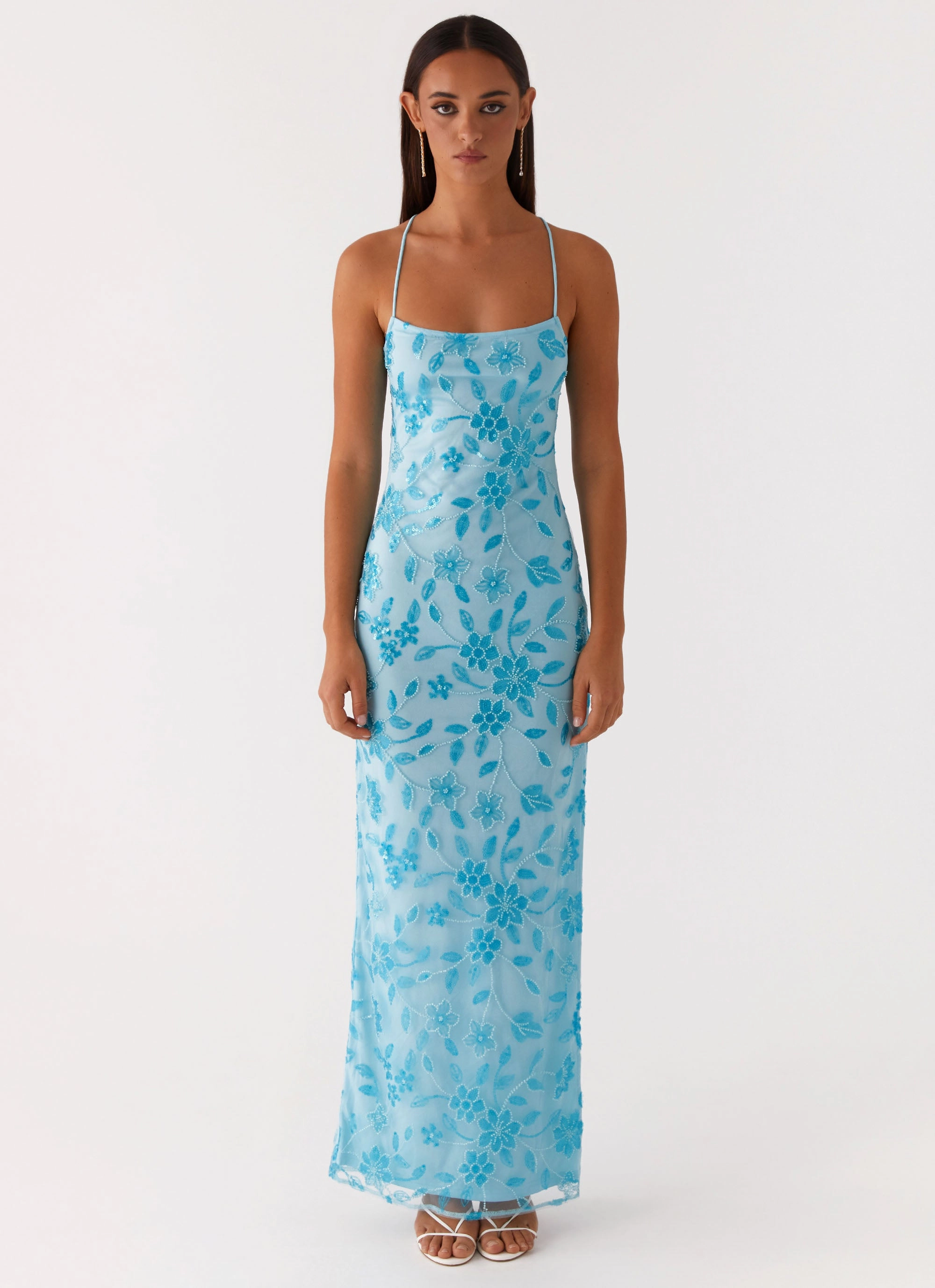 Bright Lights Beaded Maxi Dress - Blue travel mode Office Cool