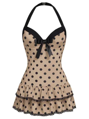 Brown 1940s Halter Polka Dots Bow Swimsuit
