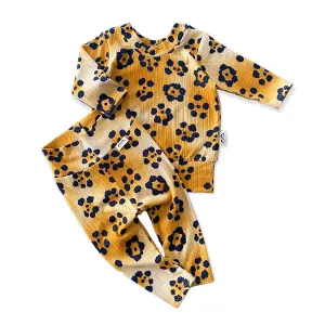 Brown Cheetah Flowers Ribbed Lounge Set