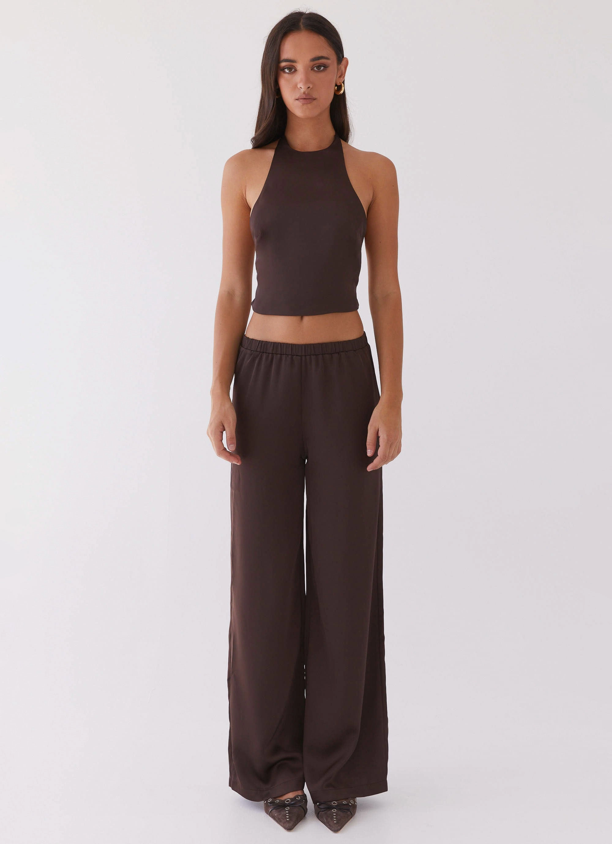 Bree Satin Halterneck Top - Brown Multipurpose Layering Piece